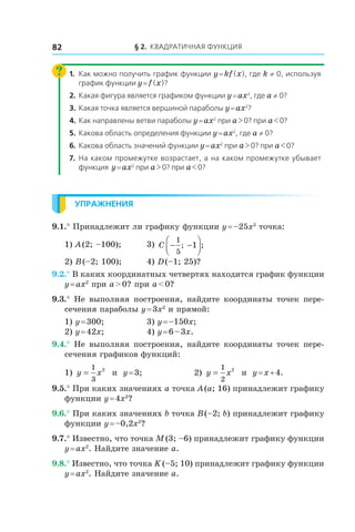 § 2. Квадратичная функция82
1.	 Как можно получить график функции y = kf (x), где k ≠ 0, используя
график функции y = f (x)?
2.	 Какая фигура является графиком функции y = ax2
, где a ≠ 0?
3.	 Какая точка является вершиной параболы y = ax2
?
4.	Как направлены ветви параболы y = ax2
при a > 0? при a < 0?
5.	 Какова область определения функции y = ax2
, где a ≠ 0?
6.	Какова область значений функции y = ax2
при a > 0? при a < 0?
7.	 На каком промежутке возрастает, а на каком промежутке убывает
функция y = ax2
при a > 0? при a < 0?
Упражнения
9.1.° Принадлежит ли графику функции y = –25x2
точка:
1) A (2; –100); 	 3) C − −




1
5
1; ;
2) B (–2; 100); 	 4) D (–1; 25)?
9.2.° В каких координатных четвертях находится график функции
y = ax2
при a > 0? при a < 0?
9.3.° Не выполняя построения, найдите координаты точек пере-
сечения параболы y = 3x2
и прямой:
1) y = 300;	 3) y = –150x;
2) y = 42x;	 4) y = 6 – 3x.
9.4.° Не выполняя построения, найдите координаты точек пере-
сечения графиков функций:
1) y x=
1
3
2
и  y = 3;	 2) y x=
1
2
2
и  y = x + 4.
9.5.° При каких значениях a точка A (a; 16) принадлежит графику
функции y = 4x2
?
9.6.° При каких значениях b точка B (–2; b) принадлежит графику
функции y = –0,2x2
?
9.7.° Известно, что точка M (3; –6) принадлежит графику функции
y = ax2
. Найдите значение a.
9.8.° Известно, что точка K (–5; 10) принадлежит графику функции
y = ax2
. Найдите значение a.
 