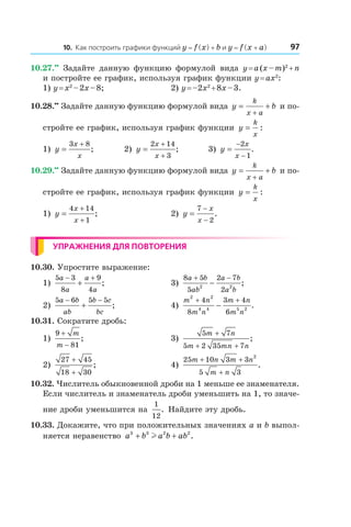 9710. Как построить графики функций y = f (x) + b и y = f (x + a)
10.27.••
  Задайте данную функцию формулой вида y = a (x – m)2
 + n
и постройте ее график, используя график функции y = ax2
:
1) y = x2
 – 2x – 8;	 2) y = –2x2
 + 8x – 3.
10.28.••
 Задайте данную функцию формулой вида y b
k
x a
= +
+
и по-
стройте ее график, используя график функции y
k
x
= :
1) y
x
x
=
+3 8
;	 2) y
x
x
=
+
+
2 14
3
; 	 3) y
x
x
=
−
−
2
1
.
10.29.••
 Задайте данную функцию формулой вида y b
k
x a
= +
+
и по-
стройте ее график, используя график функции y
k
x
= :
1) y
x
x
=
+
+
4 14
1
;	 2) y
x
x
=
−
−
7
2
.
Упражнения для повторения
10.30. Упростите выражение:
1)
5 3
8
9
4
a
a
a
a
− +
+ ; 	 3)
8 5
5
2 7
22 2
a b
ab
a b
a b
+ −
− ;
2)
5 6 5 5a b
ab
b c
bc
− −
+ ;	 4)
m n
m n
m n
m n
2 2
4 4 5 2
4
8
3 4
6
+ +
− .
10.31. Сократите дробь:
1)
9
81
+
−
m
m
;	 3)
5 7
5 2 35 7
m n
m mn n
+
+ +
;
2)
27 45
18 30
+
+
;	 4)
25 10 3 3
5 3
2
m n m n
m n
+ +
+
.
10.32. Числитель обыкновенной дроби на 1 меньше ее знаменателя.
Если числитель и знаменатель дроби уменьшить на 1, то значе-
ние дроби уменьшится на
1
12
. Найдите эту дробь.
10.33. Докажите, что при положительных значениях a и b выпол-
няется неравенство a b a b ab3 3 2 2
+ +l .
 