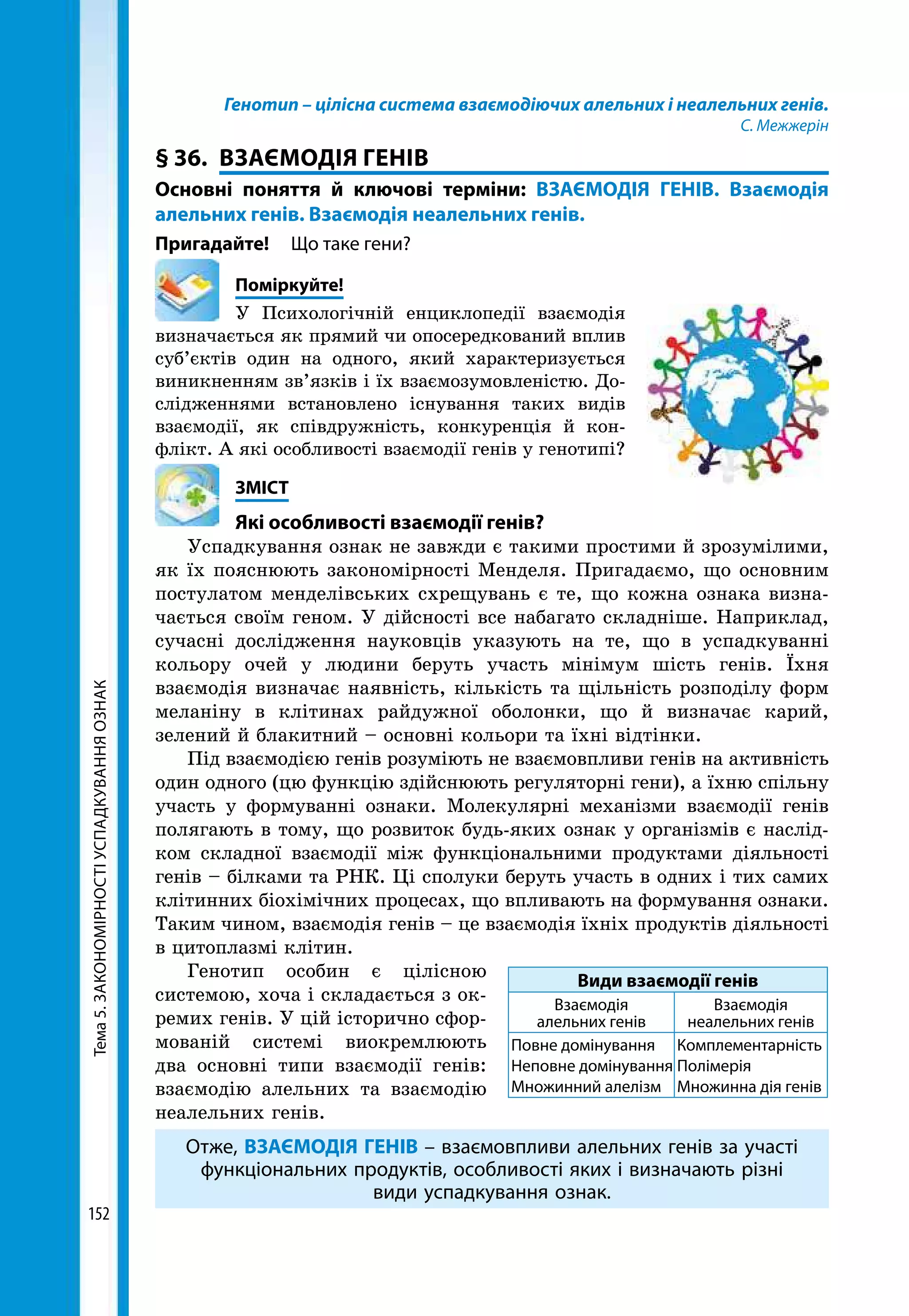 Тема5.ЗАКОНОМІРНОСТІУСПАДКУВАННЯОЗНАК
152
Генотип – цілісна система взаємодіючих алельних і неалельних генів.
C. Межжерін
§ 36.	 ВЗАЄМОДІЯ ГЕНІВ
Основні поняття й ключові терміни: ВЗАЄМОДІЯ ГЕНІВ. Взаємодія
алельних генів. Взаємодія неалельних генів.
Пригадайте!	 Що таке гени?
	Поміркуйте!
У Психологічній енциклопедії взаємодія
визначається як прямий чи опосередкований вплив
суб’єктів один на одного, який характеризується
виникненням зв’язків і їх взаємозумовленістю. До-
слідженнями встановлено існування таких видів
взаємодії, як співдружність, конкуренція й кон-
флікт. А які особливості взаємодії генів у генотипі?
	ЗМІСТ
	 Які особливості взаємодії генів?
Успадкування ознак не завжди є такими простими й зрозумілими,
як їх пояснюють закономірності Менделя. Пригадаємо, що основним
постулатом менделівських схрещувань є те, що кожна ознака визна-
чається своїм геном. У дійсності все набагато складніше. Наприклад,
сучасні дослідження науковців указують на те, що в успадкуванні
кольору очей у людини беруть участь мінімум шість генів. Їхня
взаємодія визначає наявність, кількість та щільність розподілу форм
меланіну в клітинах райдужної оболонки, що й визначає карий,
зелений й блакитний – основні кольори та їхні відтінки.
Під взаємодією генів розуміють не взаємовпливи генів на активність
один одного (цю функцію здійснюють регуляторні гени), а їхню спільну
участь у формуванні ознаки. Молекулярні механізми взаємодії генів
полягають в тому, що розвиток будь-яких ознак у організмів є наслід-
ком складної взаємодії між функціональними продуктами діяльності
генів – білками та РНК. Ці сполуки беруть участь в одних і тих самих
клітинних біохімічних процесах, що впливають на формування ознаки.
Таким чином, взаємодія генів – це взаємодія їхніх продуктів діяльності
в цитоплазмі клітин.
Генотип особин є цілісною
си­стемою, хоча і складається з ок-
ремих генів. У цій історично сфор-
мованій системі виокремлюють
два основні типи взаємодії генів:
взаємодію алельних та взаємодію
неалельних генів.
Отже, ВЗАЄМОДІЯ ГЕНІВ – взаємовпливи алельних генів за участі
функціональних продуктів, особливості яких і визначають різні
види успадкування ознак.
Види взаємодії генів
Взаємодія
алельних генів
Взаємодія
неалельних генів
Повне домінування
Неповне домінування
Множинний алелізм
Комплементарність
Полімерія
Множинна дія генів
 