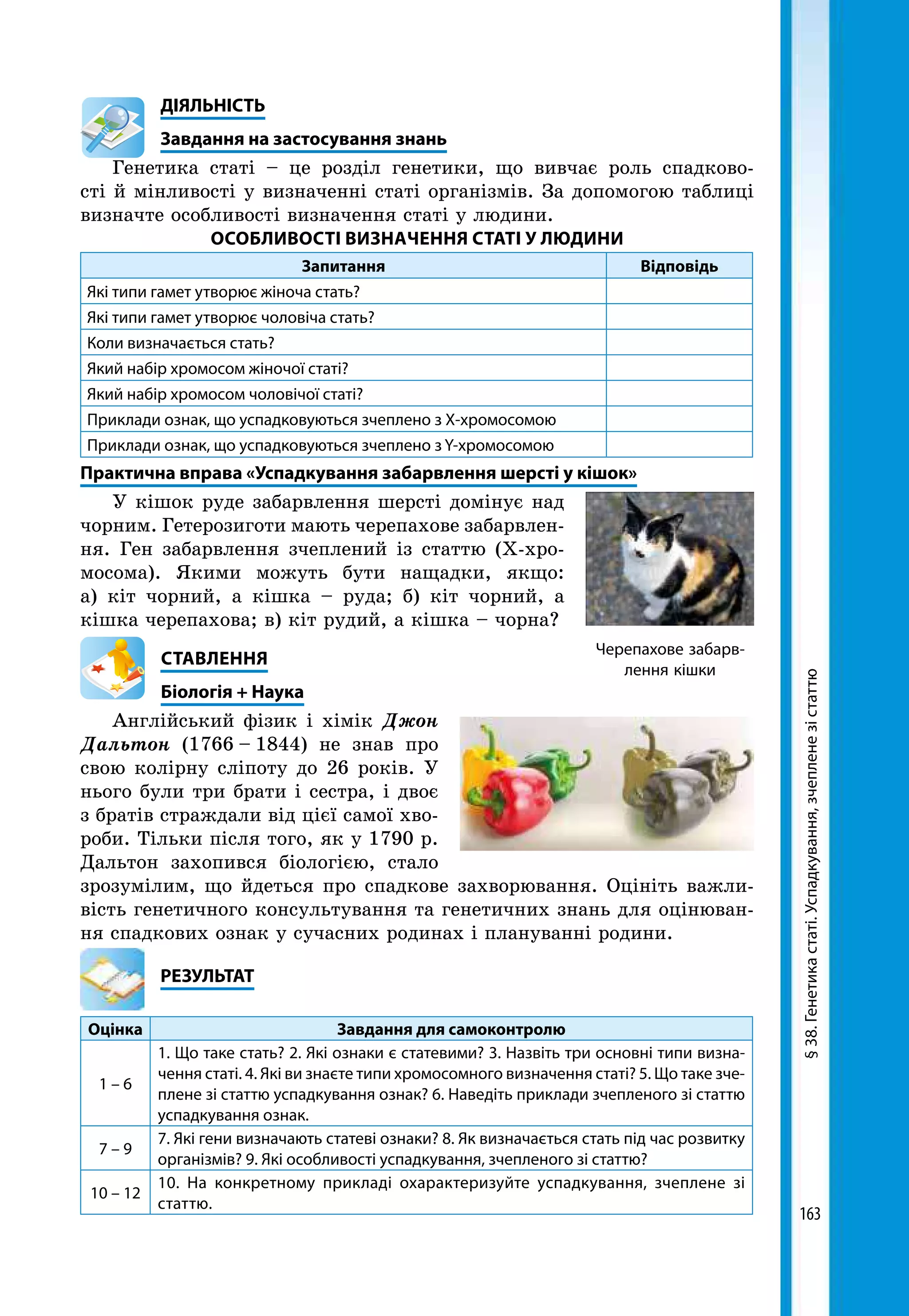 163
	ДІЯЛЬНІСТЬ
	 Завдання на застосування знань
Генетика статі – це розділ генетики, що вивчає роль спадково-
сті й мінливості у визначенні статі організмів. За допомогою таблиці
визнач­те особливості визначення статі у людини.
ОСОБЛИВОСТІ ВИЗНАЧЕННЯ СТАТІ У ЛЮДИНИ
Запитання Відповідь
Які типи гамет утворює жіноча стать?
Які типи гамет утворює чоловіча стать?
Коли визначається стать?
Який набір хромосом жіночої статі?
Який набір хромосом чоловічої статі?
Приклади ознак, що успадковуються зчеплено з Х-хромосомою
Приклади ознак, що успадковуються зчеплено з Y-хромосомою
Практична вправа «Успадкування забарвлення шерсті у кішок»
У кішок руде забарвлення шерсті домінує над
чорним. Гетерозиготи мають черепахове забарвлен-
ня. Ген забарвлення зчеплений із статтю (Х-хро-
мосома). Якими можуть бути нащадки, якщо:
а) кіт чорний, а кішка – руда; б) кіт чорний, а
кішка черепахова; в) кіт рудий, а кішка – чорна?
СТАВЛЕННЯ
Біологія + Наука
Англійський фізик і хімік Джон
Дальтон (1766  –  1844) не знав про
свою колірну сліпоту до 26 років. У
нього були три брати і сестра, і двоє
з братів страждали від цієї самої хво-
роби. Тільки після того, як у 1790 р.
Дальтон захопився біологією, стало
зрозумілим, що йдеться про спадкове захворювання. Оцініть важли-
вість генетичного консультування та генетичних знань для оцінюван-
ня спадкових ознак у сучасних родинах і плануванні родини.
	РЕЗУЛЬТАТ
Оцінка Завдання для самоконтролю
1 – 6
1. Що таке стать? 2. Які ознаки є статевими? 3. Назвіть три основні типи визна-
чення статі. 4. Які ви знаєте типи хромосомного визначення статі? 5. Що таке зче-
плене зі статтю успадкування ознак? 6. Наведіть приклади зчепленого зі статтю
успадкування ознак.
7 – 9
7. Які гени визначають статеві ознаки? 8. Як визначається стать під час розвитку
організмів? 9. Які особливості успадкування, зчепленого зі статтю?
10 – 12
10. На конкретному прикладі охарактеризуйте успадкування, зчеплене зі
статтю.
Черепахове забарв­
лення кішки
§38.Генетикастаті.Успадкування,зчепленезістаттю
 