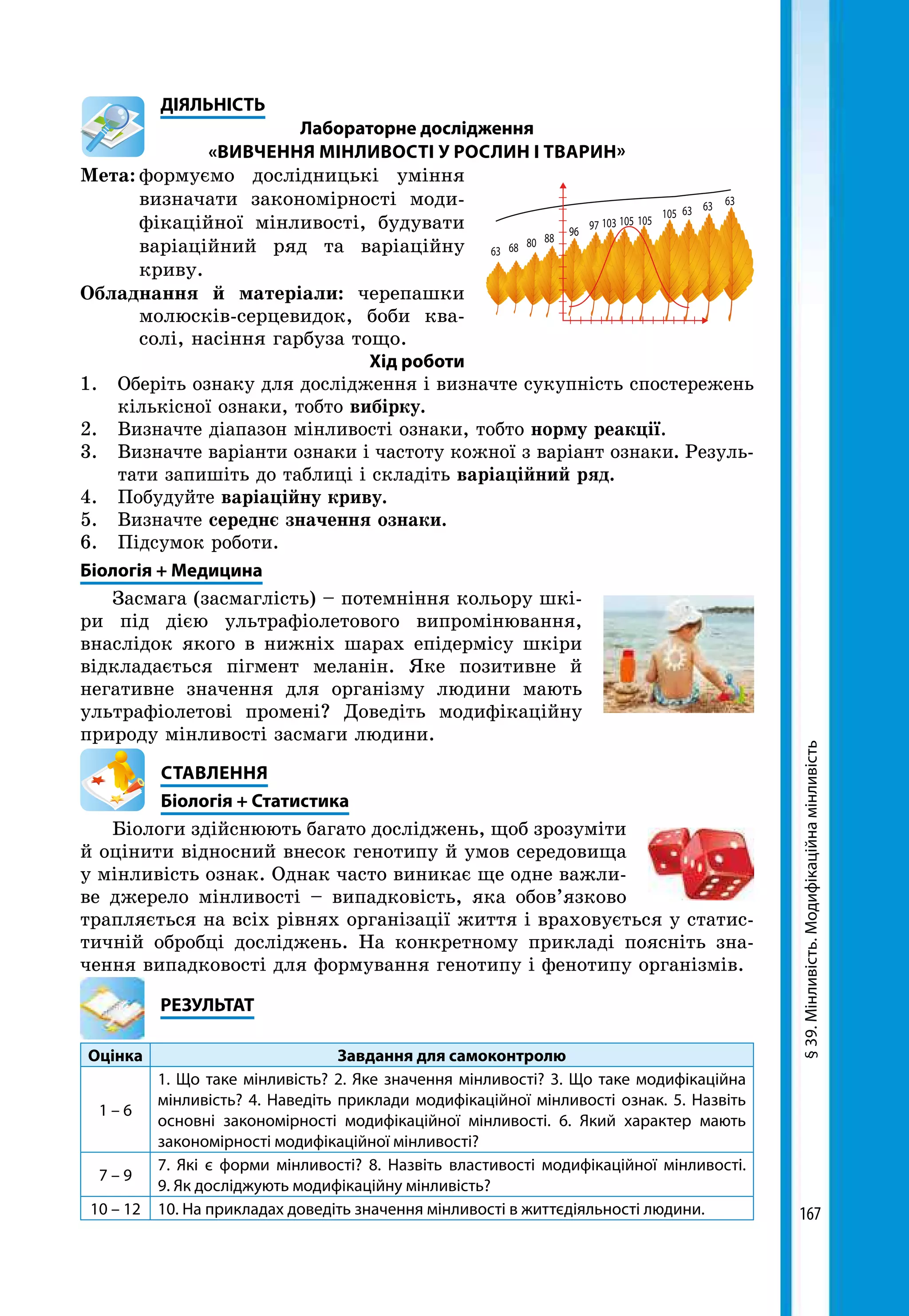 167
	ДІЯЛЬНІСТЬ
Лабораторне дослідження
«ВИВЧЕННЯ МІНЛИВОСТІ У РОСЛИН І ТВАРИН»
Мета:	формуємо дослідницькі уміння
визначати закономірності моди-
фікаційної мінливості, будувати
варіаційний ряд та варіаційну
криву.
Обладнання й матеріали: черепашки
молюсків-серцевидок, боби ква-
солі, насіння гарбуза тощо.
Хід роботи
1.	 Оберіть ознаку для дослідження і визначте сукупність спостережень
кількісної ознаки, тобто вибірку.
2.	 Визначте діапазон мінливості ознаки, тобто норму реакції.
3.	 Визначте варіанти ознаки і частоту кожної з варіант ознаки. Резуль-
тати запишіть до таблиці і складіть варіаційний ряд.
4.	Побудуйте варіаційну криву.
5.	Визначте середнє значення ознаки.
6.	 Підсумок роботи.
Біологія + Медицина
Засмага (засмаглість) – потемніння кольору шкі-
ри під дією ультрафіолетового випромінювання,
внаслідок якого в нижніх шарах епідермісу шкіри
відкладається пігмент меланін. Яке позитивне й
негативне значення для організму людини мають
ультрафіолетові промені? Доведіть модифікаційну
природу мінливості засмаги людини.
СТАВЛЕННЯ
Біологія + Статистика
Біологи здійснюють багато досліджень, щоб зрозуміти
й оцінити відносний внесок генотипу й умов середовища
у мінливість ознак. Однак часто виникає ще одне важли-
ве джерело мінливості – випадковість, яка обов’язково
трапляється на всіх рівнях організації життя і враховується у статис-
тичній обробці досліджень. На конкретному прикладі поясніть зна-
чення випадковості для формування генотипу і фенотипу організмів.
	РЕЗУЛЬТАТ
Оцінка Завдання для самоконтролю
1 – 6
1. Що таке мінливість? 2. Яке значення мінливості? 3. Що таке модифікаційна
мінливість? 4. Наведіть приклади модифікаційної мінливості ознак. 5. Назвіть
основні закономірності модифікаційної мінливості. 6. Який характер мають
закономірності модифікаційної мінливості?
7 – 9
7. Які є форми мінливості? 8. Назвіть властивості модифікаційної мінливості.
9. Як досліджують модифікаційну мінливість?
10 – 12 10. На прикладах доведіть значення мінливості в життєдіяльності людини.
§39.Мінливість.Модифікаційнамінливість
63 68 80 88
96 97 103 105 105
105 63 63 63
 