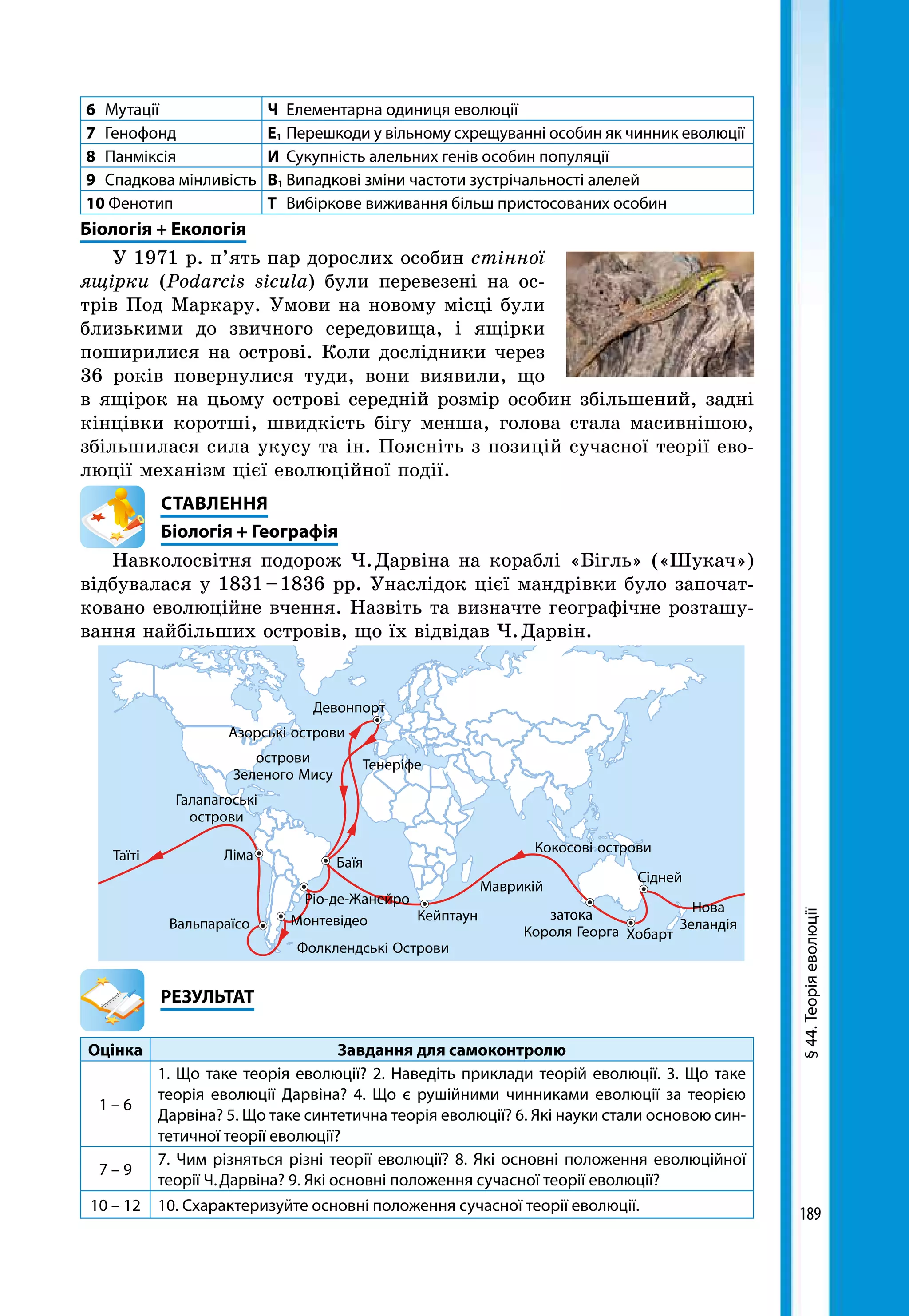 189
Девонпорт
Тенеріфеострови
Зеленого Мису
Баїя
Ріо-де-Жанейро
Монтевідео
Фолклендські Острови
Вальпараїсо
Ліма
Галапагоські
острови
Нова
Зеландія
Сідней
Хобарт
затока
Короля Георга
Кокосові острови
Маврикій
Кейптаун
Азорські острови
Таїті
6	Мутації Ч	 Елементарна одиниця еволюції
7	Генофонд Е1	Перешкоди у вільному схрещуванні особин як чинник еволюції
8	Панміксія И	 Сукупність алельних генів особин популяції
9	 Спадкова мінливість В1	Випадкові зміни частоти зустрічальності алелей
10 Фенотип Т	 Вибіркове виживання більш пристосованих особин
Біологія + Екологія
У 1971 р. п’ять пар дорослих особин стінної
ящірки (Podarcis sicula) були перевезені на ос-
трів Под Маркару. Умови на новому місці були
близькими до звичного середовища, і ящірки
поширилися на острові. Коли дослідники через
36 років повернулися туди, вони виявили, що
в ящірок на цьому острові середній розмір особин збільшений, задні
кінцівки коротші, швидкість бігу менша, голова стала масивнішою,
збільшилася сила укусу та ін. Поясніть з позицій сучасної теорії ево-
люції механізм цієї еволюційної події.
СТАВЛЕННЯ
Біологія + Географія
Навколосвітня подорож Ч. Дарвіна на кораблі «Бігль» («Шукач»)
відбувалася у 1831 – 1836 рр. Унаслідок цієї мандрівки було започат-
ковано еволюційне вчення. Назвіть та визначте географічне розташу-
вання найбільших островів, що їх відвідав Ч. Дарвін.
§44.Теоріяеволюції
	РЕЗУЛЬТАТ
Оцінка Завдання для самоконтролю
1 – 6
1. Що таке теорія еволюції? 2. Наведіть приклади теорій еволюції. 3. Що таке
тео­рія еволюції Дарвіна? 4. Що є рушійними чинниками еволюції за теорією
Дарвіна? 5. Що таке синтетична теорія еволюції? 6. Які науки стали основою син-
тетичної теорії еволюції?
7 – 9
7. Чим різняться різні теорії еволюції? 8. Які основні положення еволюційної
теорії Ч. Дарвіна? 9. Які основні положення сучасної теорії еволюції?
10 – 12 10. Схарактеризуйте основні положення сучасної теорії еволюції.
 