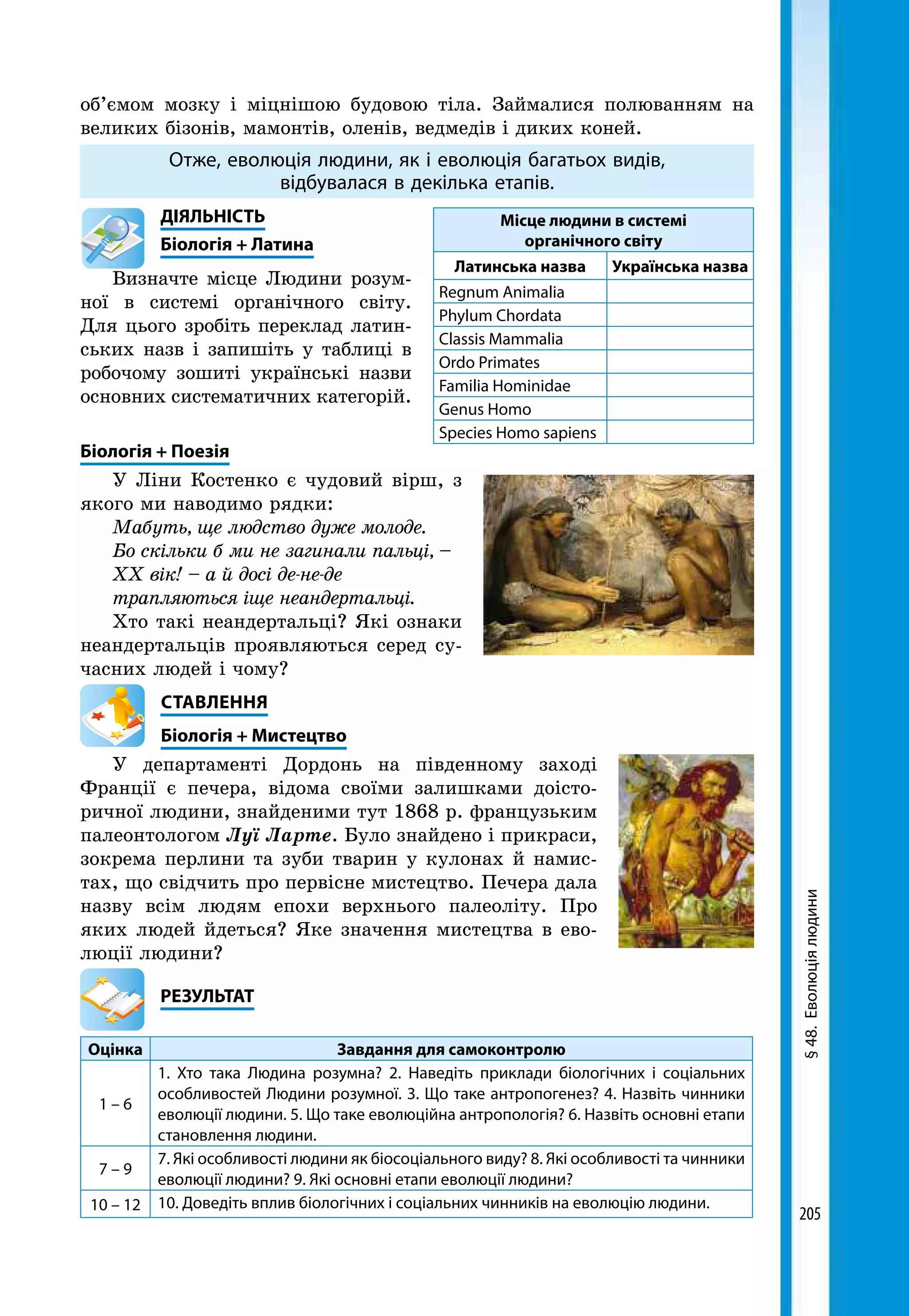 205
об’ємом мозку і міцнішою будовою тіла. Займалися полюванням на
великих бізонів, мамонтів, оленів, ведмедів і диких коней.
Отже, еволюція людини, як і еволюція багатьох видів,
відбувалася в декілька етапів.
	ДІЯЛЬНІСТЬ
	 Біологія + Латина
Визначте місце Людини розум-
ної в системі органічного світу.
Для цього зробіть переклад латин-
ських назв і запишіть у таблиці в
робочому зошиті українські назви
основних систематичних категорій.
Біологія + Поезія
У Ліни Костенко є чудовий вірш, з
якого ми наводимо рядки:
Мабуть, ще людство дуже молоде.
Бо скільки б ми не загинали пальці, –
XX вік! – а й досі де-не-де
трапляються іще неандертальці.
Хто такі неандертальці? Які ознаки
неандертальців проявляються серед су-
часних людей і чому?
СТАВЛЕННЯ
Біологія + Мистецтво
У департаменті Дордонь на південному заході
Франції є печера, відома своїми залишками доісто-
ричної людини, знайденими тут 1868 р. францу­зьким
палеонтологом Луї Ларте. Було знайдено і прикраси,
зокрема перлини та зуби тварин у кулонах й намис-
тах, що свідчить про первісне мистецтво. Печера дала
назву всім людям епохи верхнього палеоліту. Про
яких людей йдеться? Яке значення мистецтва в ево-
люції людини?
	РЕЗУЛЬТАТ
Оцінка Завдання для самоконтролю
1 – 6
1. Хто така Людина розумна? 2. Наведіть приклади біологічних і соціальних
особливостей Людини розумної. 3. Що таке антропогенез? 4. Назвіть чинники
еволюції людини. 5. Що таке еволюційна антропологія? 6. Назвіть основні етапи
становлення людини.
7 – 9
7. Які особливості людини як біосоціального виду? 8. Які особливості та чинники
еволюції людини? 9. Які основні етапи еволюції людини?
10 – 12 10. Доведіть вплив біологічних і соціальних чинників на еволюцію людини.
Місце людини в системі
органічного світу
Латинська назва Українська назва
Regnum Animalia
Phylum Chordata
Classis Mammalia
Ordo Primates
Familia Hominidae
Genus Homo
Species Homo sapiens
§48.Еволюціялюдини
 