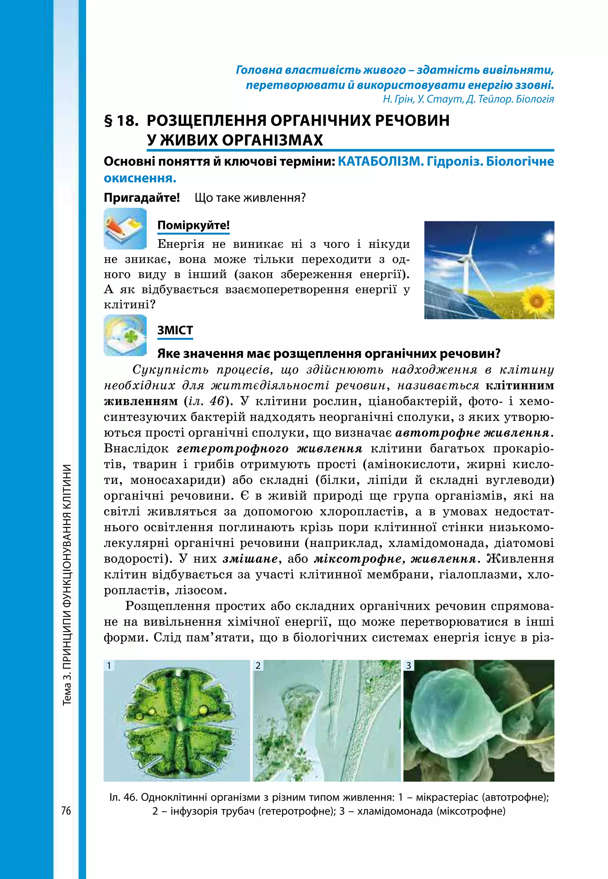 Тема3.ПРИНЦИПИФУНКЦІОНУВАННЯКЛІТИНИ
76
Головна властивість живого – здатність вивільняти,
перетворювати й використовувати енергію ззовні.
Н. Грін, У. Стаут, Д. Тейлор. Біологія
§ 18.	 РОЗЩЕПЛЕННЯ ОРГАНІЧНИХ РЕЧОВИН
У ЖИВИХ ОРГАНІЗМАХ
Основні поняття й ключові терміни: КАТАБОЛІЗМ. Гідроліз. Біологічне
окиснення.
Пригадайте! 	 Що таке живлення?
	Поміркуйте!
Енергія не виникає ні з чого і нікуди
не зникає, вона може тільки переходити з од-
ного виду в інший (закон збереження енергії).
А як відбувається взаємоперетворення енергії у
клітині?
	ЗМІСТ
	 Яке значення має розщеплення органічних речовин?
Сукупність процесів, що здійснюють надходження в клітину
необхідних для життєдіяльності речовин, називається клітинним
живленням (іл. 46). У клітини рослин, ціанобактерій, фото- і хемо-
синтезуючих бактерій надходять неорганічні сполуки, з яких утворю-
ються прості органічні сполуки, що визначає автотрофне живлення.
Внаслідок гетеротрофного живлення клітини багатьох прокаріо-
тів, тварин і грибів отримують прості (амінокислоти, жирні кисло-
ти, моносахариди) або складні (білки, ліпіди й складні вуглеводи)
органічні речовини. Є в живій природі ще група організмів, які на
світлі живляться за допомогою хлоропластів, а в умовах недостат-
нього освітлення поглинають крізь пори клітинної стінки низькомо-
лекулярні органічні речовини (наприклад, хламідомонада, діатомові
водорості). У них змішане, або міксотрофне, живлення. Живлення
клітин відбувається за участі клітинної мембрани, гіалоплазми, хло-
ропластів, лізосом.
Розщеплення простих або складних органічних речовин спрямова-
не на вивільнення хімічної енергії, що може перетворюватися в інші
форми. Слід пам’ятати, що в біологічних системах енергія існує в різ-
Іл. 46. Одноклітинні організми з різним типом живлення: 1 – мікрастеріас (автотрофне);
2 – інфузорія трубач (гетеротрофне); 3 – хламідомонада (міксотрофне)
1 2 3
 
