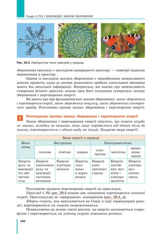 246
Розділ V. Рух і взаємодія. Закони збереження
збереження імпульсу є наслідком однорідності простору — симетрії відносно
перенесення в просторі.
Одним із наслідків законів збереження є  передбачення неможливості
деяких процесів, адже ці закони дозволяють зробити узагальнені висновки
навіть без детальної інформації. Наприклад, ми знаємо про неможливість
створення вічного двигуна: власне ідея його існування суперечить закону
збереження і перетворення енергії. 
Ви знаєте про три фундаментальні закони збереження: закон збереження
і перетворення енергії, закон збереження імпульсу, закон збереження електрич-
ного заряду. Розглянемо прояви закону збереження і перетворення енергії.
5
Розглядаємо прояви закону збереження і перетворення енергії
Закон збереження і перетворення енергії свідчить, що енергія нікуди
не зникає, нізвідки не виникає, вона лише передається від одного тіла до
іншого, перетворюється з одного виду на інший. Згадаємо види енергії:
Види енергії в природі
Меха-
нічна
Внутрішня Електромагнітна
теплова хімічна ядерна
елек-
трична
магнітна
випро-	
міню-
вання
Енергія
руху та
взає­модії
тіл або
частин
тіла
Енергія
хаотичного
руху та
взає­модії
частинок
речовини
Енергія
хімічних
зв’язків
Енергія,
«схо-
вана» 	
в ядрах
атомів
Енергія
елек-
тричного
струму
Енергія
постій-
них маг-
нітів і
електро-
магнітів
Енергія
електро-	
маг-
нітних
хвиль
Розглянемо процеси перетворення енергії на прикладах.
Приклад 1. На рис. 39.4 подано два ланцюжки перетворення сонячної
енергії. Прослідкуємо за «природним» ланцюжком (рис. 39.4, а).
Ядерна енергія, яка вивільняється на Сонці в ході термоядерної реак-
ції, перетворюється на енергію випромінювання.
Потрапляючи на зелене листя рослин, ця енергія поглинається хлоро-
філом і перетворюється на хімічну енергію поживних речовин.
Рис. 39.3. Найпростіші типи симетрій у природі
 