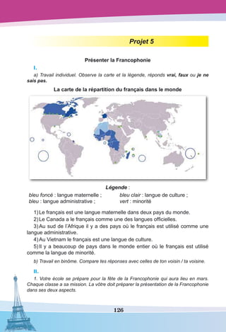 126
Projet 5
Présenter la Francophonie
I.
a) Travail individuel. Observe la carte et la légende, réponds vrai, faux ou je ne
sais pas.
La carte de la répartition du français dans le monde
Légende :
bleu foncé : langue maternelle ;
bleu : langue administrative ;
bleu clair : langue de culture ;
vert : minorité
1)	Le français est une langue maternelle dans deux pays du monde.
2)	Le Canada a le français comme une des langues officielles.
3)	Au sud de l’Afrique il y a des pays où le français est utilisé comme une
langue administrative.
4)	Au Vietnam le français est une langue de culture.
5)	Il y a beaucoup de pays dans le monde entier où le français est utilisé
comme la langue de minorité.
b) Travail en binôme. Compare tes réponses avec celles de ton voisin / ta voisine.
II.
1. Votre école se prépare pour la fête de la Francophonie qui aura lieu en mars.
Chaque classe a sa mission. La vôtre doit préparer la présentation de la Francophonie
dans ses deux aspects.
 