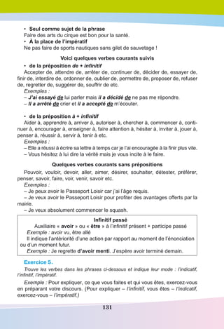 131
•	 Seul comme sujet de la phrase
Faire des arts du cirque est bon pour la santé.
•	 À la place de l’impératif
Ne pas faire de sports nautiques sans gilet de sauvetage !
Voici quelques verbes courants suivis
•	 de la préposition de + infinitif
Accepter de, attendre de, arrêter de, continuer de, décider de, essayer de,
finir de, interdire de, ordonner de, oublier de, permettre de, proposer de, refuser
de, regretter de, suggérer de, souffrir de etc.
Exemples :
– J’ai essayé de lui parler mais il a décidé de ne pas me répondre.
– Il a arrêté de crier et il a accepté de m’écouter.
•	 de la préposition à + infinitif
Aider à, apprendre à, arriver à, autoriser à, chercher à, commencer à, conti-
nuer à, encourager à, enseigner à, faire attention à, hésiter à, inviter à, jouer à,
penser à, réussir à, servir à, tenir à etc.
Exemples :
– Elle a réussi à écrire sa lettre à temps car je l’ai encouragée à la finir plus vite.
– Vous hésitez à lui dire la vérité mais je vous incite à le faire.
Quelques verbes courants sans prépositions
Pouvoir, vouloir, devoir, aller, aimer, désirer, souhaiter, détester, préférer,
penser, savoir, faire, voir, venir, savoir etc.
Exemples :
– Je peux avoir le Passeport Loisir car j’ai l’âge requis.
– Je veux avoir le Passeport Loisir pour profiter des avantages offerts par la
mairie.
– Je veux absolument commencer le squash.
Infinitif passé
Auxiliaire « avoir » ou « être » à l’infinitif présent + participe passé
Exemple : avoir vu, être allé
Il indique l’antériorité d’une action par rapport au moment de l’énonciation
ou d’un moment futur.
Exemple : Je regrette d’avoir menti. J’espère avoir terminé demain.
Exercice 5.
Trouve les verbes dans les phrases ci-dessous et indique leur mode : l’indicatif,
l’infinitif, l’impératif.
Exemple : Pour expliquer, ce que vous faites et qui vous êtes, exercez-vous
en préparant votre discours. (Pour expliquer – l’infinitif, vous êtes – l’indicatif,
exercez-vous – l’impératif.)
 