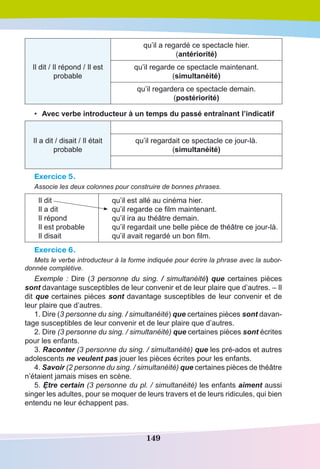 149
Il dit / Il répond / Il est
probable
qu’il a regardé ce spectacle hier.
(antériorité)
qu’il regarde ce spectacle maintenant.
(simultanéité)
qu’il regardera ce spectacle demain.
(postériorité)
•	 Avec verbe introducteur à un temps du passé entraînant l’indicatif
Il a dit / disait / Il était
probable
qu’il regardait ce spectacle ce jour-là.
(simultanéité)
Exercice 5.
Associe les deux colonnes pour construire de bonnes phrases.
Il dit
Il a dit
Il répond
Il est probable
Il disait
qu’il est allé au cinéma hier. 
qu’il regarde ce film maintenant.
qu’il ira au théâtre demain.
qu’il regardait une belle pièce de théâtre ce jour-là. 
qu’il avait regardé un bon film.
Exercice 6.
Mets le verbe introducteur à la forme indiquée pour écrire la phrase avec la subor-
donnée complétive.
Exemple : Dire (3 personne du sing. / simultanéité) que certaines pièces
sont davantage susceptibles de leur convenir et de leur plaire que d’autres. – Il
dit que certaines pièces sont davantage susceptibles de leur convenir et de
leur plaire que d’autres.
1. Dire (3 personne du sing. / simultanéité) que certaines pièces sont davan-
tage susceptibles de leur convenir et de leur plaire que d’autres.
2. Dire (3 personne du sing. / simultanéité) que certaines pièces sont écrites
pour les enfants.
3. Raconter (3 personne du sing. / simultanéité) que les pré-ados et autres
adolescents ne veulent pas jouer les pièces écrites pour les enfants.
4. Savoir (2 personne du sing. / simultanéité) que certaines pièces de théâtre
n’étaient jamais mises en scène.
5. Ệtre certain (3 personne du pl. / simultanéité) les enfants aiment aussi
singer les adultes, pour se moquer de leurs travers et de leurs ridicules, qui bien
entendu ne leur échappent pas.
 