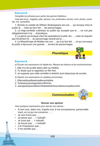 152
Exercice 8.
Complète les phrases pour parler des genres théâtraux.
Liste des trous : tragédie, pitié, admirer, rire, profondeur, larmes, mort, drame, comé-
die, rire, sympathie.
1. Roméo et Juliette de William Shakespeare est une … qui évoque chez le
public la … mais qui leur fait … les personnages.
2. La tragi-comédie s’adresse au public qui accepte que le … ne nuit pas
obligatoirement à la … dramatique.
3. Le genre qui évoque chez les spectateurs la pitié, les …, mais ne requiert
pas forcément la … du personnage central est le … .
4. Le Misanthrope de Molière est une … qui à la fois fait …, et qui convoque
le public à éprouver une grande … envers les personnages.
Phonétique
Exercice 9.
a) Écoute ces expressions et répète-les. Marque les liaisons et les enchaînements.
1. Elle m’a dit qu’elle adore aller au théâtre.
2. Tu disais que tu regardais un film hier.
3. Je suppose que cette comédie à sketchs aura beaucoup de succès.
b) Sépare ces expressions en syllabes prononcées.
1. Ellemaditquelleadoreallerauthéâtre.
2. Tudisaisqueturegardaisunfilmhier.
3. Jesupposequecettecomédieàsketchsaurabeaucoupdesuccès.
Communication
Donner son opinion
Voici quelques expressions pour donner son opinion :
•	 À mon avis, selon moi, d’après moi, à ma connaissance, personnelle-
ment, en ce qui me concerne, … .
•	 Je suis d’avis que … .
•	 Je pense que … + indicatif.
•	 Je crois que … + indicatif.
•	 Je trouve que … + indicatif.
•	 J’ai l’impression que…
•	 Il me semble que…
 