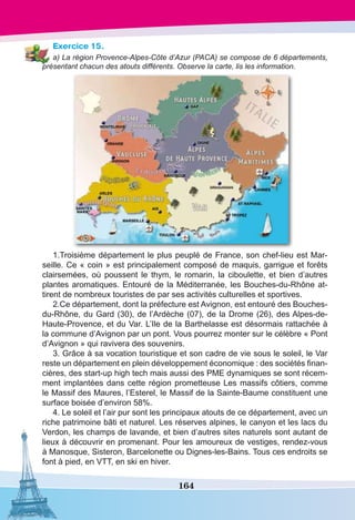 164
Exercice 15.
a) La région Provence-Alpes-Côte d’Azur (PACA) se compose de 6 départements,
présentant chacun des atouts différents. Observe la carte, lis les information.
1.Troisième département le plus peuplé de France, son chef-lieu est Mar-
seille. Ce « coin » est principalement composé de maquis, garrigue et forêts
clairsemées, où poussent le thym, le romarin, la ciboulette, et bien d’autres
plantes aromatiques. Entouré de la Méditerranée, les Bouches-du-Rhône at-
tirent de nombreux touristes de par ses activités culturelles et sportives.
2.Ce département, dont la préfecture est Avignon, est entouré des Bouches-
du-Rhône, du Gard (30), de l’Ardèche (07), de la Drome (26), des Alpes-de-
Haute-Provence, et du Var. L’Ile de la Barthelasse est désormais rattachée à
la commune d’Avignon par un pont. Vous pourrez monter sur le célèbre « Pont
d’Avignon » qui ravivera des souvenirs.
3. Grâce à sa vocation touristique et son cadre de vie sous le soleil, le Var
reste un département en plein développement économique : des sociétés finan-
cières, des start-up high tech mais aussi des PME dynamiques se sont récem-
ment implantées dans cette région prometteuse Les massifs côtiers, comme
le Massif des Maures, l’Esterel, le Massif de la Sainte-Baume constituent une
surface boisée d’environ 58%.
4. Le soleil et l’air pur sont les principaux atouts de ce département, avec un
riche patrimoine bâti et naturel. Les réserves alpines, le canyon et les lacs du
Verdon, les champs de lavande, et bien d’autres sites naturels sont autant de
lieux à découvrir en promenant. Pour les amoureux de vestiges, rendez-vous
à Manosque, Sisteron, Barcelonette ou Dignes-les-Bains. Tous ces endroits se
font à pied, en VTT, en ski en hiver.
 