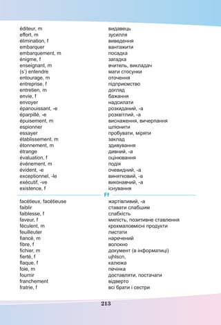 213
éditeur, m
effort, m
élimination, f
embarquer
embarquement, m
énigme, f
enseignant, m
(s’) entendre
entourage, m
entreprise, f
entretien, m
envie, f
envoyer
épanouissant, -e
éparpillé, -e
épuisement, m
espionner
essayer
établissement, m
étonnement, m
étrange
évaluation, f
événement, m
évident, -e
exceptionnel, -le
exécutif, -ve
existence, f
видавець
зусилля
виведення
вантажити
посадка
загадка
вчитель, викладач
мати стосунки
оточення
підприємство
догляд
бажання
надсилати
розкиданий, -а
розквітлий, -а
виснаження, вичерпання
шпіонити
пробувати, міряти
заклад
здивування
дивний, -а
оцінювання
подія
очевидний, -а
винятковий, -а
виконавчий, -а
існування
Ff
facétieux, facétieuse
faiblir
faiblesse, f
faveur, f
féculent, m
feuilleuter
fiancé, m
fibre, f
fichier, m
fierté, f
flaque, f
foie, m
fournir
franchement
fratrie, f
жартівливий, -а
ставати слабшим
слабкість
милість, позитивне ставлення
крохмаловмісні продукти
листати
наречений
волокно
документ (в інформатиці)
ujhlscn,
калюжа
печінка
доставляти, постачати
відверто
всі брати і сестри
 