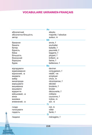 218
Аа
абсолютний
абсолютна більшість
автор
absolu
majorité, f absolue
auteur, m
Бб
бажання
бажати
битва
бідність
бійка
більшість
блискучий
борошно
буряк
envie, f
souhaiter
bataille, f
pauvreté, f
bagarre, f
plupart, f
brillant, -e
farine, f
betterave, f
Вв
відгадувати
відмінювання
відносний, -а
вживати
вибір
винагорода
вирішувати
вишиванка
вишивати
відкриття
військовий, -а
вінок
вказівка
впевнений, -а
deviner
conjugaison, f
relatif, -ve
employer
choix, m
récompense, f
décider
broderie, f
broder
découverte, f
militaire
couronne, f
indice, m
sûr, -e
Гг
гніздо
голосувати
гордість
nid, m
vôter
fierté, f
Ґґ
ґаздиня ménagère, f
Vocabulaire ukrainien-français
 