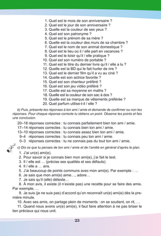23
	 1.	Quel est le mois de son anniversaire ?
	 2.	Quel est le jour de son anniversaire ?
	 3.	Quelle est la couleur de ses yeux ?
	 4.	Quel est son patronyme ?
	 5.	Quel est le prénom de sa mère ?
	 6.	Quelle est la couleur des murs de sa chambre ?
	 7.	Quel est le nom de son animal domestique ?
	 8.	Quel est le lieu où il / elle part en vacances ?
	 9.	Quel est le loisir qu’il / elle pratique ?
	10.	Quel est son numéro de portable ?
	 11.	Quel est le titre du dernier livre qu’il / elle a lu ?
	12.	Quelle est la BD qui le fait hurler de rire ?
	13.	Quel est le dernier film qu’il a vu au ciné ?
	14.	Quelle est son actrice favorite ?
	15.	Quel est son chanteur préféré ?
	16.	Quel est son jeu vidéo préféré ?
	17.	Quelle est sa moyenne en maths ?
	 18.	Quelle est la couleur de son sac à dos ?
	19.	Quelle est sa marque de vêtements préférée ?
	20.	Quel parfum utilise-t-il / elle ?
b) Puis, présente tes réponses à ton ami / amie et demande de confirmer ou non tes
réponses. Pour chaque réponse correcte tu obtiens un point. Observe tes points et fais
une conclusion.
	20–18	réponses correctes : tu connais parfaitement bien ton ami / amie.
	17–14	réponses correctes : tu connais bien ton ami / amie.
	13–10	réponses correctes : tu connais assez bien ton ami / amie.
	 9–4	 réponses correctes : tu connais peu ton ami / amie.
	 0–3	 réponses correctes : tu ne connais pas du tout ton ami / amie.
c) Dis ce que tu penses de ton ami / amie et de l’amitié en général d’après le plan.
	 1.	J’ai un(e) ami(e).
	 2.	Pour savoir si je connais bien mon ami(e), j’ai fait le test.
	 3.	Il / elle est … (précise ses qualités et ses défauts).
	 4.	Il / elle a … ans.
	 5.	J’ai beaucoup de points communs avec mon ami(e). Par exemple : …
	 6.	Je sais que mon ami(e) aime…, adore…
	 7.	Je sais qu’il (elle) déteste…
	 8.	À mon avis, il existe (il n’existe pas) une recette pour se faire des amis.
Par exemple, …
	 9.	Je suis (je ne suis pas) d’accord qu’on reconnaît un(e) ami(e) dès la pre-
mière minute.
	10.	Avec ses amis, on partage plein de moments : on se soutient, on rit, …
	11.	Quand nous avons un(e) ami(e), il faut faire attention à ne pas briser le
lien précieux qui nous unit.
 