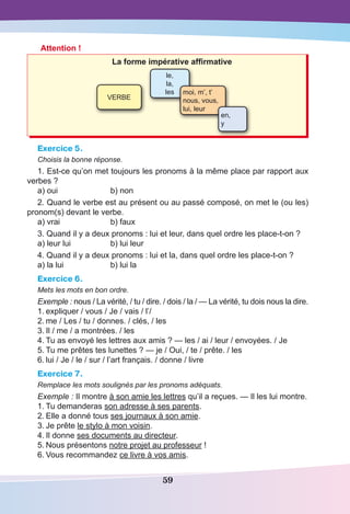 59
Attention !
La forme impérative affirmative
VERBE
le,
la,
les moi, m’, t’
nous, vous,
lui, leur
en,
y
Exercice 5.
Choisis la bonne réponse.
1. Est-ce qu’on met toujours les pronoms à la même place par rapport aux
verbes ?
a) oui	 b) non
2. Quand le verbe est au présent ou au passé composé, on met le (ou les)
pronom(s) devant le verbe.
a) vrai	 b) faux
3. Quand il y a deux pronoms : lui et leur, dans quel ordre les place-t-on ?
a) leur lui	 b) lui leur
4. Quand il y a deux pronoms : lui et la, dans quel ordre les place-t-on ?
a) la lui	 b) lui la
Exercice 6.
Mets les mots en bon ordre.
Exemple : nous / La vérité, / tu / dire. / dois / la / — La vérité, tu dois nous la dire.
1.	expliquer / vous / Je / vais / l’/
2.	me / Les / tu / donnes. / clés, / les
3.	Il / me / a montrées. / les
4.	Tu as envoyé les lettres aux amis ? — les / ai / leur / envoyées. / Je
5.	Tu me prêtes tes lunettes ? — je / Oui, / te / prête. / les
6.	lui / Je / le / sur / l’art français. / donne / livre
Exercice 7.
Remplace les mots soulignés par les pronoms adéquats.
Exemple : Il montre à son amie les lettres qu’il a reçues. — Il les lui montre.
1.	Tu demanderas son adresse à ses parents.
2.	Elle a donné tous ses journaux à son amie.
3.	Je prête le stylo à mon voisin.
4.	Il donne ses documents au directeur.
5.	Nous présentons notre projet au professeur !
6.	Vous recommandez ce livre à vos amis.
 