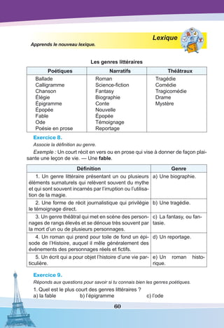 60
Lexique
Apprends le nouveau lexique.
Les genres littéraires
Poétiques Narratifs Théâtraux
Ballade
Calligramme
Chanson
Élégie
Épigramme
Épopée
Fable
Ode
Poésie en prose
Roman
Science-fiction
Fantasy
Biographie
Conte
Nouvelle
Épopée
Témoignage
Reportage
Tragédie
Comédie
Tragicomédie
Drame
Mystère
Exercice 8.
Associe la définition au genre.
Exemple : Un court récit en vers ou en prose qui vise à donner de façon plai-
sante une leçon de vie. — Une fable.
Définition Genre
1. Un genre littéraire présentant un ou plusieurs
éléments surnaturels qui relèvent souvent du mythe
et qui sont souvent incarnés par l’irruption ou l’utilisa-
tion de la magie.
a)	Une biographie.
2. Une forme de récit journalistique qui privilégie
le témoignage direct.
b)	Une tragédie.
3. Un genre théâtral qui met en scène des person-
nages de rangs élevés et se dénoue très souvent par
la mort d’un ou de plusieurs personnages.
c)	 La fantasy, ou fan-
tasie.
4. Un roman qui prend pour toile de fond un épi-
sode de l’Histoire, auquel il mêle généralement des
événements des personnages réels et fictifs.
d)	Un reportage.
5. Un écrit qui a pour objet l’histoire d’une vie par-
ticulière.
e)	Un roman histo-
rique.
Exercice 9.
Réponds aux questions pour savoir si tu connais bien les genres poétiques.
1.	Quel est le plus court des genres littéraires ?
a) la fable	 b) l’épigramme	 c) l’ode
 