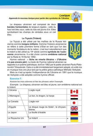 87
Lexique
Apprends le nouveau lexique pour parler des symboles de l’Ukraine.
Le drapeau ukrainien est composé de deux
bandes horizontales de largeurs égales ; celle du
haut est bleu azur, celle du bas est jaune d’or. Elles
symbolisent les champs de céréales sous un ciel
bleu.
Le Tryzub (Trident)
Le Tryzub a été utilisé par les maîtres de la Russie kié-
vienne comme insigne militaire. Comme l’histoire ukrainienne
se réfère à cette première forme d’Etat en tant que l’un des
moments fondateurs de la nation, c’est tout naturellement que
le trident a été utilisé au 19e
siècle comme symbole de l’auto-
nomie ukrainienne. Il a été choisi comme emblème national
par la Rada le 19 février 1992.
Hymne national : « Sche ne vmerla Ukraina » (l’Ukraine
n’a pas encore péri). Le texte de l’hymne national ukrainien se
rapporte à un poème patriotique, écrit en 1862 par le poète ukrainien Pavlo Plato-
novitch Tchoubinski. Celui-ci a été immédiatement largement adopté, et a été mis
en musique trois ans plus tard par le prêtre gréco-catholique Mikhailo Verbytski.
Mais ce n’est qu’après l’indépendance de l’Ukraine en 1991 que la musique
de Verbytski a été adoptée comme hymne officiel.
Exercice 7.
Associe les trois colonnes et fais les phrases selon l’exemple.
Exemple : Le drapeau ukrainien est bleu et jaune, son emblème national est
le trident.
L’Ukraine L’aigle royal
L’Allemagne Le lion, le dragon, la harpe
Le Canada L’aigle noir
L’Egypte Le disque rouge du Soleil ; le chrysan-
thème.
Le Japon La feuille d’érable
Le Royaume Uni Le trident
 