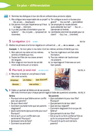 ► En plus - différenciation
C Terminez les dialogues à tour de rôle en utilisant deux pronoms objets.
1. Ma collègue sera responsable de ce projet?
- Oui, je vais ... (expliquer).
2. Ces jeunes n'ont pas l'expérience qu'il faut
- Le stage ... (donner).
3. Il y a des journées d'orientation pour les
lycéens? - Oui, le lycée ... (proposer) en
novembre.
4. Ton collègue va avoir un bureau plus
grand? - Oui, sa chef... (promettre).
5. Les employés du musée doivent
aussi présenter leur sac? - Oui, on ...
(demander) à l'entrée.
6. L'architecte a terminé les projets pour ce
client? - Oui, il va ... (montrer).
5 La négation (G 9) en form e M2 G6
Mettez les phrases à la forme négative en utilisant n i ... n i ... ne ou aucun ...ne.
Exemple: 1. Ni mon père ni ma mère n'ont les mêmes centres d'intérêt que moi.
1. Mon père et ma mère ont les mêmes
centres d'intérêt que moi.
2. Toutes les filles de ma classe aiment
les langues.
3. Mon stage et mon boulot de cet été
m'ont aidé à trouver un emploi.
4. Tous les ingénieurs ont fait cette
formation.
5. Tous les métiers de l'audiovisuel
me plaisent.
6. Le reportage et l'interview se sont
bien passés.
6 Plus tard, je serai moi l ir e , parler, écrire
A Résumez le texte en une phrase à l'aide
des mots suivants.
proposer un métier être d'accord
devenir une artiste
B Faites un portrait de Séléna et de ses parents
(80 mots minimum pour chaque personnage) à
M2 B2, A
l'aide des questions suivantes. M2 B2, D
Séléna
• Pourquoi est-ce que Séléna est en conflit
avec ses parents?
• De quoi rêve-t-elle?
• Comment souhaite-t-elle que ses parents
réagissent?
• Quels sentiments éprouve-t-elle pour eux?
Pourquoi?
• Est-ce qu'il y a un conflit dans ces
sentiments? Pourquoi?
• Qu'essaie-t-el le de faire?
• Comment se sent-elle?
Ses parents
• Que souhaitent-ils pour leur fille?
Pourquoi?
• Que pensent-ils de leur idée?
• Quel est leur objectif?
• Comment réagissent-ils à ce que dit
Séléna?
• Que pensent-ils de leur fille?
• Est-ce qu'ils lui font confiance? Est-ce
qu'ils la comprennent? Pourquoi?
• Trouvent-ils qu'ils sont de bons
parents?
102
 