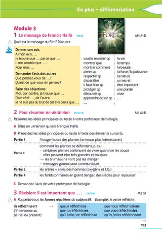 O
Module 3
1 Le message de Francis Halle
Quel est le message du film? Discutez.
Donner son avis
A mon avis,...
Je trouve que ...parce que ...
Il me semble que ...
Pour m oi,...
Demander l'avis des autres
Que pensez-vous d e ...?
Qu'est-ce que vous en pensez?
Faire des objections
Moi, par contre, je trouve que ...
D'un côté ..., de l'autre,...
Je ne suis pas du tout de cet avis parce que
vouloir montrer qc
montrer que
montrer comment
aimer qc
respecter qc
disparaître
il faut faire qc
protéger qc
découvrir qc
la vie
le temps
la beauté
la force/la puissance
la nature
un secret
être important
une plante
vivre
apprendre qc sur qc j ...
2 Pour résumer en ukrainien m édiation M3A2D
A Résumez les idées principales du texte à votre professeur de biologie.
A Dites en ukrainien qui est François Hallé.
B Présentez les idées principales du texte à l'aide des éléments suivants.
Partie 1 l'image fausse des plantes (animaux plus intéressants)
comment les plantes se défendent, p.ex.:
- certaines plantes continuent de vivre quand on les coupe
artie 2 _ e||es peuvent être très grandes et toxiques
—>les animaux ne vont pas les manger
- messages gazeux pour communiquer
Partie 3 les arbres =alliés des hommes (oxygène et C02)
Partie 4 les forêts primaires en grand danger,- des siècles pour repousser
C Demandez l'avis de votre professeur de biologie.
3 Révision: il est important que . . . en form e M3 g i
A A Rappelez-vous les formes régulières du subjonctif. Exemple: le verbe réfléchir.
ils réfléchissent
(3epersonne au
pluriel du présent)
que je réfléchisse que nous réfléchissions
que tu réfléchisses que vous réfléchissiez
qu'il/elle/on réfléchisse qu'ils/elles réfléchissent
103
 