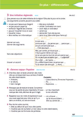 ^> En plus - différenciation
3 Une initiative régionale parler M4A3C
Que pensez-vous de cette initiative de la région? Discutez le pour et le contre.
Les arguments suivants peuvent vous aider.
• ne pas avoir beaucoup d'argent
• ne pas pouvoir payer qc
• renforcer l'égalité des chances
• pouvoirtravaillerlàoùon veut
• travailler mieux
• être meilleur en informatique
• être plus motivé(e)
• utiliser l'ordinateur en cours
• avoir déjà un ordinateur
• vendre qc
• demander l'avis des jeunes
• servir à qc/être utile (pour faire qc)
donner son avis,
donner des arguments
p - ON DI T ---------------------------------------------------------------------1
A mon avis,...
je trouve que .../Je pense que ... parce que ...
je suis convaincu(e) que ...
... C'est pourquoi ...
faire des objections
Moi, par contre, je trouve que . . .
Il faut quand même voir que ...
je ne suis pas du tout de cet avis parce que ...
On ne peut pas accepter que ... +subjonctif
trouver un accord
D'un côté ...,d e l'autre,...
En y réfléchissant bien, je pense que ...
Tu as raison (de dire que ...). Alors,...
4 «Зелене серце» України MÉDIATION, ECRIRE M4S3
A A Cherchez dans le texte ukrainien des mots-
clés qui correspondent aux centres d'intérêt
de votre destinataire:
• l'histoire,
• la nature,
• bien manger.
Exemples:
— Самостійність, В'ячеслав Чорновіл ...
— Ліс, ...
—>Вареники, ...
B N'essayez pas de traduire le texte. Concentrez-
vous sur les points les plus importants. S'il vous ^ un lieu important
manque des mots, décrivez de quoi il s'agit la vie culturelle
C Rappelez-vous les mots et expressions que —» on y trouve ...
vous avez apprises pour dire ce qu'il y a qc se trouve à/dans ...
dans un endroit, où cela se trouve. être au centre de ...
D Pour écrire votre courriel,
• dites au début de quoi vous allez parler,
• n'oubliez pas de souhaiter un bon séjour à votre destinataire,
• n'oubliez pas les formules de politesse.
107
 