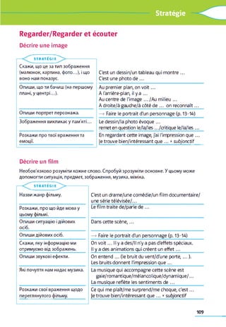 Stratégie
Regarder/Regarder et écouter
Décrire une image
STRAT EGI E
Скажи, що це за тип зображення
(малюнок, картина, ф ото ...), і що
воно нам показує.
Опиши, що ти бачиш (на першому
плані, у центрі...).
Опиши портрет персонажа.
Зображення викликає у пам'яті.
Розкажи про твої враження та
емоції.
C'est un dessin/un tableau qui montre ...
C'est une photo de ...
Au premier plan, on vo it...
A l'arrière-plan, il y a ...
Au centre de l'image ... /Au milieu ...
A droite/à gauche/à côté de ... on reconnaît...
—>Faire le portrait d'un personnage (p. 13-14)
Le dessin/la photo évoque ...
remet en question le/la/les .. ./critique le/la/les ...
En regardant cette image, j'ai l'impression que ...
je trouve bien/intéressant que ... +subjonctif
Décrire un film
Необов'язково розуміти кожне слово. Спробуй зрозуміти основне. У цьому може
допомогти ситуація, предмет, зображення, музика, міміка.
STRATEÉGI eJ ^ >
Назви жанр фільму.
Розкажи, про що йде мова у
цьому фільмі._________________
Опиши ситуацію і дійових
осіб._______________________________
Опиши дійових осіб.
Скажи, яку інформацію ми
отримуємо від зображень.
Опиши звукові ефекти.
Які почуття нам надає музика.
Розкажи свої враження щодо
переглянутого фільму._________
C'est un drame/une comédie/un film documentaire/
une série télévisée/...__________________________________
Le film traite de/parle de ...
Dans cette scène,...
—>Faire le portrait d'un personnage (p. 13-14)
On vo it... Il y a des/ll n'y a pas d'effets spéciaux.
Il y a des animations qui créent un effet..._______
On entend ... (le bruit du vent/d'une porte,... ).
Les bruits donnent l'impression que ...____________
La musique qui accompagne cette scène est
gaie/romantique/mélancolique/dynamique/...
La musique reflète les sentiments de ...__________
Ce qui me plaît/me surprend/me choque, c'est...
je trouve bien/intéressant que ... +subjonctif
109
 