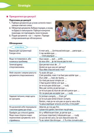 ■ Приєднатися до дискусії
Підготовка до дискусії
1. Підбери аргументи до різних аспектів теми і
запиши ключові слова.
2. Обґрунтуй аргументи. Вибери порядок, вякому
ти будеш їх виконувати. Підбери конкретні
приклади, які підтвердять твою позицію.
3. Подай аргументи «за» і «проти». Підведи
співрозмовників до обговорення.
Обговорення
STRATEGIE
Вирази для аргументації.
Говори чітко.
Якщо ти помилився, або
називаєш проблему.___________
Запитай думку
співрозмовника.
Умій слухати і зверни увагу на
аргументи співрозмовника.
Задавай питання, якщо щось
не зрозумів.
Не дозволяй себе переривати
і вислови думку до кінця.
Прийдіть до спільної думки.
Якщо інша сторона надає
переконливі аргументи, ти їх
сприймаєш.
A mon avis, .../Jetrouve/croisque ... parce que ...
Il me semble que ...
... C'est pourquoi...__________________________________
Vous savez ... euh ... enfin ...
je veux dire ...je ne trouve pas le m ot...____________
Que pensez-vous de ...?
Qu'est-ce que vous en pensez?
Vous êtes d'accord avec moi?________________________
Tu avais dit que ...
C'est possible, mais il ne faut pas oublier que ...
D'un côté ..., mais de l'autre,...
Ce n'est pas aussi simple c a r...
Il faut quand même voir que ...
je nesuispassûr(e)que ...+subj.
Moi, par contre, je pense que ...
je ne suis pas du tout de cet avis parce que ...
On ne peut pas accepter que ... +subj.______________
Si j'ai bien compris,... C'est ça?
je ne suis pas sûrfe) d'avoir compris.
Pardon, mais je ne vois pas ce que tu veux dire.
Tu peux expliquer encore une fois, s'il te plaît?
Attends, je n'ai pas fini.
Laisse-moi parler/terminer ma phrase._____________
En y réfléchissant bien, je pense que ...
je trouve important/nécessaire que ... +subj.
je suis de ton avis./je suis d'accord avec toi.
Tu as raison (de dire que ...).Tu m'as convaincu(e).
118
 