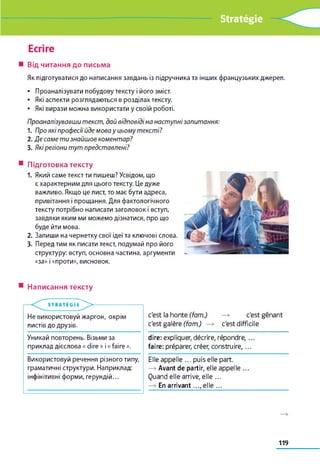 Stratégie
Ecrire
■ Від читання до письма
Як підготуватися до написання завдань із підручника та інших французьких джерел.
• Проаналізувати побудову тексту і його зміст.
• Які аспекти розглядаються в розділах тексту.
• Які вирази можна використати у своїй роботі.
Проаналізувавши текст, дай відповіді на наступнізапитання:
1. Про які професіїйде мова у цьому тексті?
2. Де саме ти знайшов коментар?
3. Якірегіони тут представлені?
■ Підготовка тексту
1. Який саме текст ти пишеш? Усвідом, що
є характерним для цього тексту. Це дуже
важливо. Якщо це лист, то має бути адреса,
привітання і прощання. Для фактологічного
тексту потрібно написати заголовок і вступ,
завдяки яким ми можемо дізнатися, про що
буде йти мова.
2. Запиши на чернетку свої ідеї та ключові слова.
3. Перед тим як писати текст, подумай про його
структуру: вступ, основна частина, аргументи
«за» і «проти», висновок.
Написання тексту
STRATEÉ G Іі >
Не використовуй жаргон, окрім
листів до друзів.
Уникай повторень. Візьми за
приклад дієслова « dire » і « faire ».
Використовуй речення різного типу,
граматичні структури. Наприклад:
інфінітивні форми, герундій...
c'est la honte (fam.) —» c'est gênant
c'est galère (fam.) —> c'est difficile
dire: expliquer, décrire, répondre,...
faire: préparer, créer, construire,...
Elle appelle ... puis elle part.
—» Avant de partir, elle appelle ...
Quand elle arrive, elle ...
—» En arrivant ..^elle ..._______________________
119
 