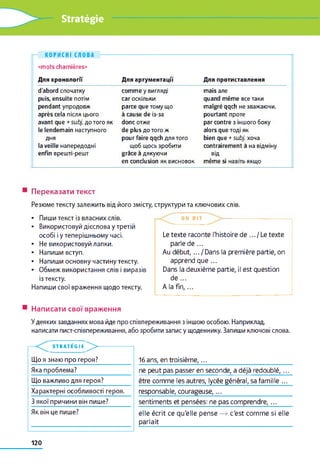 Stratégie
— К О Р И С Н І С Л О В А --------
«mots charnières»
Для хронологи
d'abord спочатку
puis, ensuite потім
pendant упродовж
après cela після цього
avant que +subj. до того як
le lendemain наступного
дня
la veille напередодні
enfin врешті-решт
Для аргументації
comme у вигляді
саг оскільки
parce que тому що
a cause de із-за
done отже
de plus до того ж
pour faire qqch для того
щоб щось зробити
grace а дякуючи
en conclusion як висновок
Для протиставлення
mais але
quand même все таки
malgré qqch не зважаючи,
pourtant проте
par contre з іншого боку
alors que тоді як
bien que +subj. хоча
contrairement à на відміну
від
même si навіть якщо
Переказати текст
• Пиши текст із власних слів.
• Використовуй дієслова у третій
особі і у теперішньому часі.
• Не використовуй лапки.
• Напиши вступ.
• Напиши основну частину тексту.
• Обмеж використання слів і виразів
із тексту.
Напиши свої враження щодо тексту.
Le texte raconte l'histoire de .../ Le texte
parle de ...
Au début,. . . / Dans la première partie, on
apprend q ue...
Dans la deuxième partie, il est question
d e ...
A la fin ,...
Резюме тексту залежить від його змісту, структури та ключових слів.
ON DIT
Написати свої враження
У деяких завданнях мова йде про співпереживання з іншою особою. Наприклад,
написати лист-співпереживання, або зробити запис у щоденнику. Запиши ключові слова.
— Т Я АТ Е Є Іг > —
Що я знаю про героя?
Яка проблема?
Що важливо для героя?
Характерні особливості героя.
З якої причини він пише?
Як він це пише?
16ans, en troisième,..._______________________________
ne peut pas passer en seconde, a déjà redoublé,...
être comme les autres, lycée général, sa famille ...
responsable, courageuse,..._________________________
sentiments et pensées: ne pas comprendre,...
elle écrit ce qu'elle pense —» c'est comme si elle
parlait_________________________________________________
120
 