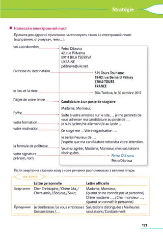 Stratégie
■ Написати електронний лист
Правила для адреси і привітання застосовують також і в електронній пошті
(відправник, отримувач, тема...).
vos coordonnées
l'adresse du destinataire
le lieu et la date
l'objet de votre lettre
l'offre
votre formation_____
votre motivation____
la formule de politesse
votre signature________
prénom, nom
Petro Dibrova
42, rue Pidvalna
09111 BILATSERKVA
UKRAINE
pdibrova@ukr.net
• SPLTours Tourisme
78-82 rue Bernard Palissy
37042 TOURS
FRANCE
• BilaTserkva, le 30 octobre2017
Candidature à un poste de stagiaire
Madame, Monsieur,
Suite à votre annonce sur le site..., je me permets de
vous adresser ma candidature au poste de ...
je suis lycéen/ne allemand/e au lycée ...
Ce stage me ...Votre organisation ...
je serais heureux de ...
J'espère que ma candidature retiendra votre attention.
Veuillez agréer, Madame, Monsieur, mes salutations
distinguées. „ ,
------------------------------------- rétro Uibrova
Petro Dibrova
Після звертання ставимо кому і нове речення розпочинаємо з великої літери.
Lettre personnelle Lettre officielle
Звертання Cher Christophe, / Chère Léa,/ Madame, Monsieur,
Chers amis,/Bonjour,/Salut, (quand on ne connaît pas la personne)
Chère madame ...,/ Cher monsieur...,
(quand on connaît la personne)
Прощання Je t'embrasse/Je vous embrasse/ Salutations distinguées/Meilleures
Grosses bises/... salutations/Cordialement
121
 