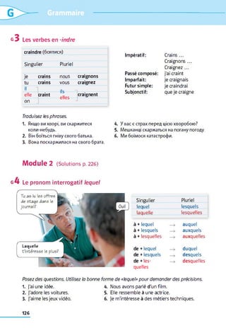 G
Les verbes en -indre
craindre (боятися)
Singulier Pluriel
je crains
tu crains
il
elle craint
on
nous craignons
vous craignez
ÜL craignent
Impératif:
Passé composé:
Imparfait:
Futur simple:
Subjonctif:
Crains ...
Craignons ...
Craignez ...
j'ai craint
je craignais
je craindrai
que je craigne
Traduisez les phrases.
1. Якщо ви хворі, ви скаржитеся
коли-небудь.
2. Він боїться гніву свого батька.
3. Вона поскаржилася на свого брата.
4. У вас є страх перед цією хворобою?
5. Мешканці скаржаться на погану погоду.
6. Ми боїмося катастрофи.
Module 2 (Solutions р. 226)
Le pronom interrogatif le q u el
Tu as lu les offres.
de stage dans le
journal?
Laquelle
t ’intéresse le plus?
Singulier Pluriel
lequel lesquels
laquelle lesquelles
à + lequel
à + lesquels
à + lesquelles
auquel
auxquels
auxquelles
de +lequel
de +lesquels
de +les­
quelles
duquel
desquels
desquelles
Posez des questions. Utilisez la bonne forme de «lequel» pour demander des précisions.
1. j'ai une idée. 4.
2. j'adore les voitures. 5.
3. j'aime les jeux vidéo. 6.
Nous avons parlé d'un film.
Elle ressemble à une actrice.
Je m'intéresse à des métiers techniques.
126
 