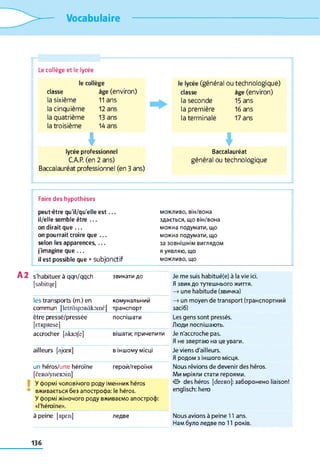 Vocabulaire
Le collège et le lycée
le collège le lycée (général ou technologique)
classe âge (environ) classe âge (environ)
la sixième 11 ans la seconde 15 ans
la cinquième 12 ans la première 16 ans
la quatrième 13 ans la terminale 17 ans
la troisième 14 ans
4lycée professionnel
CAP. (en 2 ans)
Baccalauréat professionnel (en 3 ans)
4Baccalauréat
général ou technologique
Faire des hypothèses
peut-être qu'il/qu'elle e s t. . . можливо, він/вона
il/elle semble être . . . здається, що він/вона
on dirait que . . . можна подумати, що
on pourrait croire que . . . можна подумати, що
selon les apparences, . . . за зовнішнім виглядом
j'imagine que . . . я уявляю, що
il est possible que +subjonctif можливо, що
A2 s'habituer à qqn/qqch звикати до Je me suis habitué(e) à la vie ici.
[sabitqe] Я звик до тутешнього життя.
—>une habitude (звичка)
les transports (m.) en
commun [letràspoRàkomÈ]
комунальний
транспорт
—>un moyen de transport (транспортний
засіб)
être pressé/pressée
[ctRpReSe]
поспішати Les gens sont pressés.
Люди поспішають.
accrocher [akno/e] вішати; причепити Je n'accroche pas.
Я не звертаю на це уваги.
ailleurs [ajœR] в іншому місці Je viens d'ailleurs.
Я родом з іншого місця.
un héros/une héroïne герой/героїня Nous rêvions de devenir des héros.
[ÈeRO/yneRoin] Ми мріяли стати героями.
У формі чоловічого роду іменник héros
вживається без апострофа: le héros.
У формі жіночого роду вживаємо апостроф:
«l'héroïne».
О des héros [deeRo]: заборонено liaison!
englisch: hero
à peine [арен] ледве Nous avions à peine 11 ans.
Нам було ледве по 11 років.
136
 