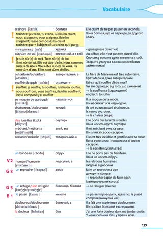Vocabulaire
craindre [kRÊdR] боятися
craindre: je crains, tu crains, il/elle/on craint,
nous craignons, vous craignez, ils/elles
craignent; Passé composé: il a craint
craindre que +Subjonctif: Je crains qu'il part£.
mince/mince [mes] худий,a
sûr/sûre de soi [syRdsswa] впевнений, a в собі
je suis sûr(e) de moi. Tu es sûr(e) de toi.
Il est sûr de lui. Elle est sûre d'elle. Nous sommes
sûr(e)s de nous. Vous êtes sûr(e)s de vous. Ils
sont sûrs d'eux. Elles sont sûres d'elles,
autoritaire/autoritaire авторитарний, a
[otORitCR]
souffrir de qqch [sufRiR] страждати
souffrir: je souffre, tu souffres, il/elle/on souffre,
nous souffrons, vous souffrez, ils/elles souffrent;
Passé composé: j'ai souffert
se moquer de qqn/qqch насміхатися
[samoke]
chaleureux/chaleureuse теплий
[JalœRo/Jalœroz]
des lunettes (f. pl.) окуляри
[delynct]
méchant/méchante злий, зла
[mejo/mejat]
sociable/sociable [sosjabl] товариський, a
un bandeau [ëbâdo] обруч
V2 humain/humaine
[ymè/ymen]
людський, a
G3
un reproche [ÈR3pR3j] докір
q p un réfugié/une réfugiée біженець, біженка
[cRefy^je/ynRefyrje]
g ^ le passé [hpase] минуле
douloureux/douloureuse болючий, a
[dlllllRO/dlÜllROZ]
la douleur [ladulœR] біль
Elle craint de ne pas passer en seconde.
Вона боїться, що не перейде до другого
класу.
« gros/grosse (товстий)
Au début, elle n'est pas très sûre d'elle.
Спочатку вона не дуже впевнена в собі.
Зверніть увагу на вживання особових
займенників!
Le frère de Marieme est très autoritaire.
Брат Маріем дуже авторитарний.
Est-ce qu'il souffre d'être seul?
Чи він страждає від того, що самотній?
—>la souffrance (страждання)
englisch: to suffer
Il se moque de la mode.
Він насміхається над модою.
Ils ont eu un accueil chaleureux,
їх тепло зустріли.
—>la chaleur (жара)
Elle porte des lunettes rondes.
Вона носить круглі окуляри.
Il est méchant avec sa sœur.
Він злий зі своєю сестрою.
Elle est très sociable et gentille avec sa sœur.
Вона дуже мила і товариська зі своєю
сестрою.
—>la société (суспільство)
Elle ne porte pas de bandeau.
Вона не носить обруч.
les relations humaines
людські відносини
faire un reproche à qqn
докоряти комусь
—» reprocher à qqn de faire qqch
(звинувачувати когось)
—»se réfugier (тікати)
—>passer (проводити, здавати), le passé
composé (минулий час)
Il a fait une expérience douloureuse.
Він зробив болючий експеримент.
J'ai une forte douleur dans ma jambe droite.
У мене сильний біль y правій нозі.
139
 