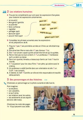 â & 2 Les relations humaines
A Trouvez les compléments qui vont avec les expressions françaises
pour traduire les expressions ukrainiennes.
• se souvenir
• être gentil/gentille
• se plaindre
• faire confiance
• regretter
• partager qqch
• éprouver qqch
• pouvoir faire qqch
pour qqn
de qqch/qqn
à qqn
qqn avec qqn
auprès de qqn
grâce à qqch /qqn
B Complétez les phrases suivantes avec les expressions
et les prépositions de A.
1. Ying ne ? pas ? ses premières années en Chine car elle était trop
petite.
2. Elle aime bien Pierre mais elle n'? pas d'amour ? lui.
3. Elle ? son ancien copain qu'elle aimait très fort et qui l'a quittée.
4. Pierre n'est pas du tout content II ? un professeur ? l'ambiance
qu'il y a dans sa classe.
5. Dans son quartier, Amadou a beaucoup d'amis car il est ? tout le
monde.
6. Il ? sa passion1pour les vieux films ? son père, qui adore aussi le
cinéma.
7. Un professeur a aidé Camille dans son orientation et elle ? un
CAP. ? ses conseils.
8. A l'atelier, le chef ? Camille car elle est très responsable et travaille
sérieusement.
3 Des personnages et des histoires écrire
^ Choisissez un personnage sur la photo suivante et décrivez-le.
Puis imaginez
• sa situation,
• son caractère,
• ce qu'il aime,
• ses relations avec les autres,
• ses sentiments et ses espoirs
(environ 200 mots).
Choisissez les mots des pages
14-15 qui peuvent vous aider.
15
 