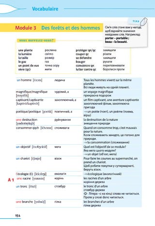 Vocabulaire
Module 3 Des forêts et des hommes
VOUS R A P P E L E Z - V O U S ?
TIPP
Сім'я слів стане вам у нагоді,
щоб віднайти значення
невідомих слів. Наприклад:
porter - portable ;
beau- la beauté.
une plante рослина
la lumière світло
la taille розмір
le gaz газ
un point de vue точка зору
vivre (qc) жити
protéger qn/qc
couperqc
se défendre
bouger
convaincre qn
lutter contre qc
захищати
різати
захищати
рухати
переповнювати
боротися проти
un homme [ènom] людина Tous les hommes vivent sur la même
planète.
Всі люди живуть на одній планеті.
magnifique/magnifique
[majiifîk]
чудовий, а un voyage magnifique
прекрасна подорож
captivant/captivante
[kaptivô/kaptivàt]
захоплюючий, а un film captivant, une aventure captivante
захоплюючий фільм, захоплююча
пригода
poétique/poétique [poetik] поетичний, а —>un poète (поет), un poème (поема,
вірш)
u n e destruction руйнування la destruction de la nature
[yndestRyksjô] знищення природи
consommer qqch [kosome] споживати Quand on consomme trop, c'est mauvais
pour la nature.
Коли споживають занадто, це погано для
природи.
—>la consommation (споживання)
un objectif [ënobsrktif] мета Quel est l'objectif de ce module?
Яка мета цього модуля?
—>un objet (об'єкт, мета)
un chariot [ÈjaRjo] візок Pour faire les courses au supermarché, on
prend un chariot.
Щоб робити покупки y супермаркеті,
беруть візок.
l'écologie (f.) [lekobji] екологія —>écologique (екологічний)
u n e racine [yimasin] корінь les racines d'un arbre
коріння дерева
Un tronc [ÊtRÔ] стовбур le tronc d'un arbre
стовбур дерева
О Літера -с на кінці слова не читається.
Проте у слові donc читається.
u n e branche [ynbRàJ] гілка les branches d'un arbre
гілки дерева
154
 
