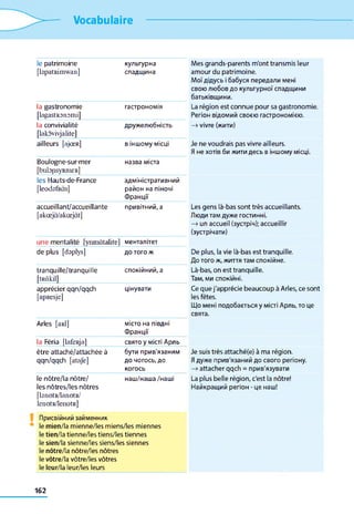 Vocabulaire
le patrimoine
[bpatRimwan]
культурна
спадщина
Mes grands-parents m'ont transmis leur
amour du patrimoine.
Мої дідусь і бабуся передали мені
свою любов до культурної спадщини
батьківщини.
la gastronomie
[lagastRonomi]
гастрономія La région est connue pour sa gastronomie.
Регіон відомий своєю гастрономією.
la convivialité
[lakovivjalite]
дружелюбність —»vivre (жити)
ailleurs [ajœR] в іншому місці Je ne voudrais pas vivre ailleurs.
Я не хотів би жити десь в іншому місці.
Boulogne-sur-mer
[bulopsyRrnen]
назва міста
les Hauts-de-France
[leodafeôs]
адміністративний
район на піночі
Франції
accueillant/accueillante
[akœjà/akœjôt]
привітний, а Les gens là-bas sont très accueillants.
Люди там дуже гостинні.
—>un accueil (зустріч); accueillir
(зустрічати)
une mentalité [ynmâtalitel менталітет
de plus [dsplys] до того ж De plus, la vie là-bas est tranquille.
До того ж, життя там спокійне.
tranqu iIle/tranqui Ile
[tRÔkil]
спокійний, а Là-bas, on est tranquille.
Там, ми спокійні.
apprécier qqn/qqch
[apResje]
цінувати Ce que j'apprécie beaucoup à Arles, ce sont
les fêtes.
Що мені подобається y місті Арль, то це
свята.
Arles [aRl] місто на півдні
Франції
la Féria [lafeRja] свято у місті Арль
être attaché/attachée à
qqn/qqch [ataje]
бути прив'язаним
до чогось, до
когось
Je suis très attaché(e) à ma région.
Я дуже прив'язаний до свого регіону.
—>attacher qqch = прив'язувати
le nôtre/la nôtre/
les nôtres/les nôtres
наш/наша/наші La plus belle région, c'est la nôtre!
Найкращий регіон - це наш!
[bnotR/lanotR/
lenOtR/lenOtR]
Присвійний займенник
le mien/la mienne/les miens/les miennes
le tien/la tienne/les tiens/les tiennes
le sien/la sienne/les siens/les siennes
le nôtre/la nôtre/les nôtres
le vôtre/la vôtre/les vôtres
le leur/la leur/les leurs
162
 