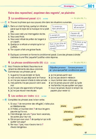 «/
Faire des reproches1, exprimer des regrets2, se plaindre
Tu aurais pu
faire attention!
Vous auriez
dû accepter!
3 Le conditionnel p assé (G1) ENforme —►En plus 98,7 A
6,5-6 f A Trouvez la phrase que vous pouvez dire dans les situations suivantes. /_______________s
â & i Dans un club hip-hop, quelqu'un s'énerve
parce que le style de la musique ne lui plaît
pas.
2. Vous avez raté une interrogation écrite.
3. Vous avez froid.
4. Vous avez refusé de prêter de l'argent à
un copain.
5. Quelqu'un a refusé un emploi qu'on lui
a offert
6. Ton copain a fait une grosse faute.
Tu aurais pu
demander poliment.
J ’aurais dû
mettre un pull.
__________
A ta place, je me
serais un peu
renseignée avant
de venir!
B Expliquez comment on forme le conditionnel passé. L'une des phrases à droite
s'adresse à une fille. Laquelle? Justifiez votre réponse.
Avec un peu plus de
travail, j’aurais pu
réussir!
4 La phrase conditionnelle (II) (G2) ENFORME -» En plus 99, 8 A
Voici l'histoire de Walid. Racontez-la en
reliant les éléments des deux colonnes.
Commencez vos phrases par si.
Підряднеречення Головне речення
si +plus-que-parfait conditionnel passé
1. la guerre/ne pas éclater en Syrie
2. mon oncle/ne pas déjà venir en France
3. on /ne pas recevoir d'aide à notre arrivée
4. mes parents/ne pas pouvoir venir avec
moi
5. je/ne pas vite apprendre le français
6. je/ne pas réussir mes études
a je/ne jamais partir seul
b je/ne pas devenir médecin
c nous/rentrer dans notre pays
d je/ne jamais pouvoir aller au lycée
e ma fam ille/ne pas quitter son pays
f nous/ne jamais réussir à remplir les
papiers pour rester ici
5 Les verbes en-indre (G3) enforme
ta j°| Complétez les phrases avec le bon verbe.
1. Si vous ? de rencontrer des réfugiés3, n'allez plus
en Méditerranée.
2. A l'hôtel, un touriste s'est ? de tous les gens
pauvres qu'il a vus.
3. C'est étrange. Les uns ? pour leurs vacances,
les autres pour leur vie.
4. Est-ce que vous vous ? de quelqu'un qui a dû
quitter son pays?
5. Ne nous ? pas, nous n'avons rien à ?
d'aussi dangereux.
Plaint craindre
plaindriez
plaignons
craignent
craignez
17
 