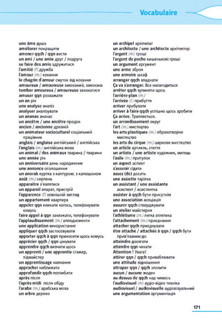 Vocabulaire
une âm e душа
am éliorer покращити
am en er qqch / qqn вести
un am i / une am ie друг / подруга
se faire des am is здружитися
l'am itié (f) дружба
l'am our (m.) кохання
le chagrin d'am our смуток від кохання
am oureux / am oureuse закоханий, закохана
tom ber am oureux / am oureuse закохатися
am user qqn розважати
un an рік
une analyse аналіз
an alyser аналізувати
un an an as ананас
un ancêtre / une ancêtre предок
ancien / ancienne древній
un anim ateur socioculturel соціальний
працівник
anglais / anglaise англійський / англійська
l'anglais (m.) англійська мова
un anim al / des anim aux тварина / тварини
une année рік
un anniversaire день народження
une annonce оголошення
un anorak куртка з каптуром; з капюшоном
août (т.) серпень
apparaître з'являтися
un appareil апарат, пристрій
l'apparence (f) зовнішній вигляд
un appartem ent квартира
appeler qqn кликати когось, телефонувати
комусь
faire appel à qqn закликати, телефонувати
l'applaudissem ent (m.) аплодисменти
une application використання
appliquer qqch застосовувати
apporter qqch à qqn приносити щось комусь
apprécier qqch / qqn цінувати
apprendre qqch вивчати щось
un apprenti / une apprentie стажер,
підмайстер
un apprentissage навчання
approcher наближати
approfondir qqch поглибити
après після
l'après-m idi після обіду
l'arabe (m.) арабська мова
un arbre дерево
un archipel архіпелаг
un architecte / une architecte архітектор
l'argent (m) гроші
l'argent de poche кишенькові гроші
un argum ent аргумент
une arm e зброя
une arm oire шкаф
arranger qqch владнати
Ça va s'arranger. Все налагодиться
arrêter qqch зупиняти щось
l'arrière-plan (m.)
l'arrivée (f) прибуття
arriver прибувати
arriver à faire qqch успішно щось зробити
Ça arrive. Трапляється,
un arrondissem ent округ
l'art (m.) мистецтво
les arts p lastiques (m.) образотворче
мистецтво
les arts du cirque (m.) циркове мистецтво
un article артикль, стаття
un artiste / une artiste художник, митець
l'asile (m.) притулок
un aspect аспект
s'asseoir сідати
assez (de) досить
une assiette тарілка
un assista n t / une assistan te
асистент / асистентка
assister à qqch бути присутнім
une association асоціація
assurer qqch стверджувати
un atelier майстерня
l'athlétism e (m.) легка атлетика
l'attachem ent (m.) приєднання
attacher qqch приєднувати
être attaché / attachée à qqn / qqch бути
прив'язаним до
atteindre досягати
attendre qqn чекати
Attention ! Увага!
attirer qqn / qqch приваблювати
une attitude відношення
attraper qqn / qqch зловити
aucun / aucune жоден
au d essus de qqch над чимось
l'audiovisuel (m) аудіо-відео техніка
audiovisuel / audiovisuelle аудіовізуальний
une argum entation аргументація
171
 