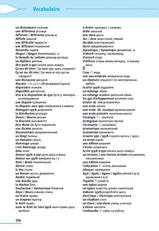 Vocabulaire
un dictionnaire словник
une différence різниця
différent / différente різний,-a
difficile важкий
une difficulté трудність
une diffusion поширення
dimanche неділя
dingue / dingue божевільний, -a
le dioxyde de carbone діоксид вуглецю
un diplôme диплом
dire qqch à qqn казати щось комусь
Ça me dit bien ! Це мені про щось говорить!
Ça ne me dit rien ! Це мені ні про що не
говорить!
une discussion дискусія
discuter (deqqch) обговорювати (щось)
disparaître зникати
disponible доступний
être à la disposition de qqn бути y чийомусь
розпорядженні
une dispute суперечка
se disputer avec qqn сперечатися з кимось
distinguer qqch розрізняти
la distribution розподіл
divers / diverse різний
la diversité різномаїття
être divisé en бути поділеним
une dizaine десяток
documentaire документальний
un doigt палець
un domaine галузь
dommage шкода
c'est dommage шкода
donc отже
donner qqch à qqn дати щось комусь
donner sur qqch виходити на / y
doré / dorée позолочений
dormir спати
le dos спина
un dossier досьє, документи
double подвійний
une douche душ
la douleur біль
douloureux / douloureuse болючий
doux / douce ніжний, ніжна
un drame драма
un drapeau прапор
le droit право
avoir le droit de faire qqch мати право щось
зробити
à droite праворуч / направо
drôle смішний
une dune дюни
dur / dure жорстокий, тяжкий
durable довготривалий
durer продовжуватися
dynamique / dynamique динамічнй, -a
d'abord спочатку, насамперед
d'accord згода
d'ailleurs в будь-якому випадку, в іншому
місці
l'eau (f) вода
une eau minérale мінеральна вода
un ébeniste спеціаліст по виготовленню
меблів
écarter qqch віддаляти
un échange обмін
un échange scolaire шкільний обмін
les gaz d'échappement вихлопні гази
éclater de rire розсміятися
une école школа
une école de musique музична школа
une école primaire початкова школа
l'écologie (f.) екологія
écologique екологічно чистий
l'économie (f.) економіка
économique економічний
économiser економити
écouter qqn / qqch слухати когось / щось
un écran екран
une édition видання
s'écrier закричати
écrire qqch à qqn писати щось комусь
un écrivain / une femme écrivain письменник,
письменниця
une édition видання
l'éducation (f.) освіта, виховання
éduquer виховувати
égal / égale / égaux / égales рівний (-a,-і),
однаковий (-a,-і)
l'égalité (f.) рівність
une église церква
un égout водостік, ринва, каналізація
élaborer qqch розробляти щось
électrique / électrique електричний
un éléphant слон
un éleve / une éleve учень, учениця
s'élever височіти
l'embauche (f.) найм на роботу
178
 