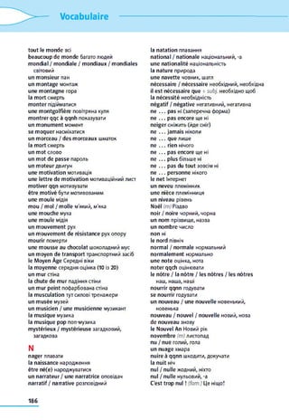 Vocabulaire
tout le monde всі
beaucoup de monde багато людей
mondial / mondiale / mondiaux / mondiales
світовий
un monsieur пан
un montage монтаж
une montagne гора
la mort смерть
monter підійматися
une montgolfière повітряна куля
montrer qqc à qqnh показувати
un monument момент
se moquer насміхатися
un morceau / des morceaux шматок
la mort смерть
un mot слово
un mot de passe пароль
un moteur двигун
une motivation мотивація
une lettre de motivation мотиваційний лист
motiver qqn мотивувати
être motivé бути мотивованим
une moule мідія
mou / mol / molle м'який, м'яка
une mouche муха
une moule мідія
un mouvement рух
un mouvement de résistance рух опору
mourir померти
une mousse au chocolat шоколадний мус
un moyen de transport транспортний засіб
le Moyen Âge Середні віки
la moyenne середня оцінка (10 із 20)
un mur стіна
la chute de mur падіння стіни
un mur peint пофарбована стіна
la musculation тут силові тренажери
un musée музей
un musicien / une musicienne музикант
la musique музика
la musique pop поп-музика
mystérieux / mystérieuse загадковий,
загадкова
N
nager плавати
la naissance народження
être né(e) народжуватися
un narrateur / une narratrice оповідач
narratif / narrative розповідний
la natation плавання
national / nationale національний, -a
une nationalité національність
la nature природа
une navette човник, шатл
nécessaire / nécessaire необхідний, необхідна
il est nécessaire que + subj. необхідно щоб
la nécessité необхідність
négatif / négative негативний, негативна
ne . . . pas ні (заперечна форма)
ne . . . pas encore ще ні
neiger сніжить (йде сніг)
ne . . . jamais ніколи
ne . . . que лише
ne . . . rien нічого
ne . . . pas encore ще ні
ne . . . plus більше ні
ne . . . pas du tout зовсім ні
ne . . . personne нікого
le net Інтернет
un neveu племінник
une nièce племінниця
un niveau рівень
Noël (m) Різдво
noir / noire чорний, чорна
un nom прізвище, назва
un nombre число
non ні
le nord північ
normal / normale нормальний
normalement нормально
une note оцінка, нота
noter qqch оцінювати
le nôtre / la nôtre / les nôtres / les nôtres
наш, наша, наші
nourrir qqnn годувати
se nourrir годувати
un nouveau / une nouvelle новенький,
новенька
nouveau / nouvel / nouvelle новий, нова
de nouveau знову
le Nouvel An Новий рік
novembre (m) листопад
nu / nue голий, гола
un nuage хмара
nuire à qqnn шкодити, докучати
la nuit ніч
nul / nulle жодний, ніхто
nul / nulle нульовий, -a
C'est trop nul ! (fam.) Це ніщо!
186
 