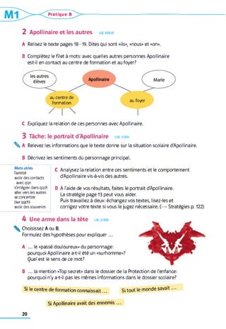 Pratique B
2 Apollinaire et les autres lir e , parler
A Relisez le texte pages 18-19. Dites qui sont «ils», «nous» et «on».
B Complétez le filet à mots: avec quelles autres personnes Apollinaire
est-il en contact au centre de formation et au foyer?
au centre de
formation aufoVer
/ I  I
C Expliquez la relation de ces personnes avec Apollinaire.
3 Tâche: le portrait d'Apollinaire l ir e , écrire
% A Relevez les informations que le texte donne sur la situation scolaire d'Apollinaire.
B Décrivez les sentiments du personnage principal.
Mots utiles
l'amitié
avoir des contacts
avec qqn
s'intégrer dans qqch
aller vers les autres
se concentrer
(sur qqch)
avoir des souvenirs
C Analysez la relation entre ces sentiments et le comportement
d'Apollinaire vis-à-vis des autres.
D A l'aide de vos résultats, faites le portrait d'Apollinaire.
La stratégie page 13 peut vous aider.
Puis travaillez à deux: échangez vos textes, lisez-les et
corrigez votre texte si vous le jugez nécessaire. (—>Stratégies p. 122)
4 U nearm edansla tête lir e, écrire
Choisissez A ou B.
Formulez des hypothèses pour expliquer...
A ... le «passé douloureux» du personnage:
pourquoi Apollinaire a-t-il été un «surhomme»?
Quel est le sens de ce mot?
B ... la mention «Top secret» dans le dossier de la Protection de l'enfance:
pourquoi n'y a-t-il pas les mêmes informations dans le dossier scolaire?
Si le centre de formation connaissait... Si tout le monde savait...
Si Apollinaire avait des ennemis ...
 