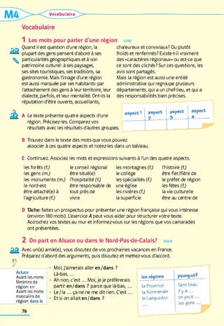 Vocabulaire
Vocabulaire

1 Les mots pour parler d'une régi*
Quand il est question d'une région, la
plupart des gens pensent d'abond à ses
particularités géographiques et à son
patrimoine culturel: à ses paysages,
ses sites touristiques, ses traditions, sa
gastronomie. Mais limage d'une région
est aussi marquée par ses habitants: par
l'attachement des gens à leur territoire, leur
dialecte, parfois, et leur mentalité. Ont-ils la
réputation d'être ouverts, accueillants,
A Le texte présente quatre aspects d'une
région. Précisez-les. Comparez vos
résultats avec les résultats d'autres groui
1 ECRIRE
chaleureux et conviviaux? Ou plutôt
froids et renfermés? Existe-t-il vraiment
des «caractères régionaux» ou est-ce que
ce sont des clichés? Sur ces questions, les
avis sont partagés.
Mais la région est aussi une entité
administrative qui regroupe plusieurs
départements, qui a un chef-lieu, et qui a
des responsabilités bien précises.
aspect 1 aspect
9
aspect
3
aspect
A
B Trouvez dans le texte des mots que vous pouvez
associer à ces quatre aspects et notez-les dans un tableau.
les mots et expressions suivants à l'un desC Continuez. Associez
les forêts (TJ
les gens (m.)
les monuments (m.)
le nord-est
être attaché(e) à
l'agriculture (f.)
le conseil régional
être situé(e)
l'hospitalité (f.)
être responsable de
tout près de
vivre
les montagnes (Y.,)
le collège
les spécialités (f.)
une église
les rivières (f.)
la superficie
quatre aspects.
l'histoire (f.)
être fier/fière de
le préfet de région
les fêtes (f.)
la vie culturelle
être au centre de
D Tâche: faites un prospectus pour présenter une région française qui vous intéresse
(environ 180 mots). L'exercice A peut vous aider pour structurer votre texte.
Accrochez vos textes au mur et informez-vous sur les régions que vos camarades
ont présentées.
2 On part en Alsace ou dans le Nord-Pas-de-Calais? parler
Avec un(e) amie(e), vous discutez de vos prochaines vacances en France.
Préparez d'abord des arguments, puis discutez et mettez-vous d'accord.
y
Astuce
Avant les noms
féminins de
région: en
Avant les noms
masculins de
région: dans le
76
Moi, j'aimerais aller en/dans ?
Là-bas,...
Ah non, c'e st... Moi, je je préférerais
partir en/dans ? parce que là-bas,...
Le / la ... ça ne ne me dit rien. C'est...
Et si on allait en/dans ?
les régions pourquoi?
la Provence faire beau
la Normandie il y a ...
le Languedoc on p e u t...
les gens ...
 