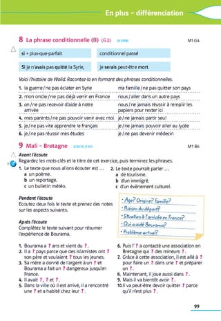 e>
8 La phrase conditionnelle (II) (G2) EN FORME M1 G4
si +plus-que-parfait conditionnel passé
Si je n'avais pas quitté la Syrie, je serais peut-être mort.
Voici l'histoire de Walid. Racontez-la en formant des phrases conditionnelles.
1. la guerre/ne pas éclater en Syrie ma famille/ne pas quitter son pays
2. mon oncle/ne pas déjà venir en France nous/aller dans un autre pays
3. on/ne pas recevoir d'aide à notre nous/ne jamais réussir à remplir les
arrivée papiers pour rester ici
4. mes parents/ne pas pouvoir venir avec moi je/ne jamais partir seul
5. je/ne pas vite apprendre le français je/ne jamais pouvoir al 1er au lycée
6. je/ne pas réussir mes études je/ne pas devenir médecin
9 Mali - Bretagne ecou ter, écrire M1 B6
Avant l'écoute
Regardez les mots-clés et le titre de cet exercice, puis terminez les phrases.
1. Le texte que nous allons écouter e s t...
a un poème,
b un reportage,
c un bulletin météo.
2. Le texte pourrait parler...
a de tourisme,
b d'un immigré,
c d'un évènement culturel.
Pendant l'écoute
Ecoutez deux fois le texte et prenez des notes
sur les aspects suivants.
Après l'écoute
Complétez le texte suivant pour résumer
l'expérience de Bourama.
/Age?O r ig in e ? F a i l l e ?
* Raiïon AuAéparF?
Situation û YQrhvçe pr FtûnceF
i Qvi a aidé ßouranna?
• Problème artuoft
1. Bourama a ? ans et vient du ?.
2. Il a ? pays parce que des islamistes ont ?
son père et voulaient ? tous les jeunes.
3. Sa mère a donné de l'argent à un ? et
Bourama a fait un ? dangereux jusqu'en
France.
4. Il avait ?, ? et ?.
5. Dans la ville où il est arrivé, il a rencontré
une ? et a habité chez leur ? .
6. Puis I' ? a contacté une association en
Bretagne qui ? des mineurs ? .
7. Grâce à cette association, il est allé à ?
pour faire un ? dans une ? et préparer
un ?.
8. Maintenant, il joue aussi dans ? .
9. Mais il va bientôt avoir ? .
10.11 va peut-être devoir quitter ? parce
qu'il n'est plus ? .
99
 
