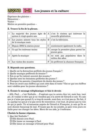 133
LEÇONS 1–2 Les jeunes et la culture
Exprimer des plaintes –
Démontrer –
Visiter –
Mettre en première position –
2. Trouve la ﬁn de la phrase.
1 La majorité des jeunes âgés de
quinze à vingt-quatre ans
A c’est le cinéma qui intéresse la
nouvelle génération.
2 Les jeunes aiment tous les styles
de la musique mais
B c’est la télévision.
3 Depuis 2002 la station jeune C soutiennent également la radio.
4 Ce qui les intéresse moins D occupe la première place parmi les
jeunes gens.
5 Après la musique E ne sont pas populaires dans le
milieu des ados.
6 Les visites des musées F ils préfèrent la chanson française.
3. Réponds aux questions.
1. Quelle est la distraction préférée des jeunes français ?
2. Quelle musique préfèrent-ils écouter ?
3. Est-ce qu’ils visitent souvent des musées ?
4. Quelles sont les émissions préférées des jeunes ?
5. Pourquoi les parents s’inquiètent du destin des jeunes ?
6. Peut-on croire aux chiffres qui sont cités dans le texte ? Est-ce que ces chiffres
sont valables pour les jeunes ukrainiens ?
4. Écoute le message téléphonique et fais le devoir.
– Allô, Paul…, c’est Nathalie… J’espérais que tu serais chez toi, mais bon, tant
pis. Je voulais te dire que je ne viendrai pas à la soirée de Gérard ce soir. Tu sais
que je n’aime pas quand il y a trop de monde, mais bon, ce n’est pas ça. En fait, il
y a quelqu’un que je n’ai pas envie de rencontrer, c’est tout. Je pense que tu vois
de qui je parle. Tu m’excuseras auprès de Gérard et Françoise, je sais qu’ils se
sont donnés beaucoup de mal. N’essaie pas de me joindre, je pars trois jours en
Italie pour me changer les idées. Merci de ton aide, je t’embrasse.
Choisis la bonne réponse.
1. Que fait Nathalie ?
 Elle discute avec Paul.
 Elle laisse un message à Paul.
 Elle laisse un message à Gérard pour Paul.
 