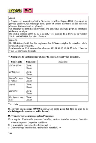 150
LEÇONS 7–8
Amok
« Amok », en malaisien, c’est la ﬁèvre qui rend fou. Depuis 1998, c’est aussi un
groupe parisien, qui télescope rock, piano et textes mordants où les histoires
d’amour ﬁnissent mal en général.
Un mélange de rythmes surprenant qui constitue un régal pour les amateurs
de bonne musique.
De jeudi à samedi à 20h 30 au Glaz’art, 7-15, avenue de la Porte de la Villette,
19e. 01 40 36 55 65. Entrée : 10 euros.
Mimetik
De 21h 00 à 4 h 00, les dj’s explorent les différents styles de la techno, de la
drum’n bass percutante.
L’Abracadabar, 123, avenue Jean-Jaurès, 19e. 01 42 03 18 04. Entrée :12 euros.
Tous les soirs sauf le lundi.
7. Complète le tableau pour choisir le spectacle qui vous convient.
Spectacle Convient Raisons
Julien Ribot  oui
 non
N’Toumos  oui
 non
Manolito y su
Trabuco
 oui
 non
Amok  oui
 non
Mimetik  oui
 non
Un jour et une
nuit
 oui
 non
Ton choix :_____________________________________________________
8. Envoie un message (60-80 mots) à ton amie pour lui dire ce que tu as
choisi (type de spectacle, salle, heure).
9. Transforme les phrases selon l’exemple.
E x e m p l e : Il est tombé. (monter l’escalier) → Il est tombé en montant l’escalier.
1. Nous mangeons. (regarder la télé) →
2. Il a appris la nouvelle. (lire le journal) →
3. On développe ses muscles. (faire de la natation) →
 