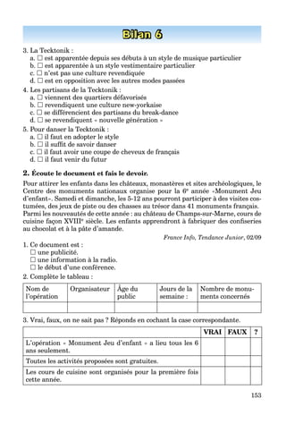 153
Bilan 6
3. La Tecktonik :
a.  est apparentée depuis ses débuts à un style de musique particulier
b.  est apparentée à un style vestimentaire particulier
c.  n’est pas une culture revendiquée
d.  est en opposition avec les autres modes passées
4. Les partisans de la Tecktonik :
a.  viennent des quartiers défavorisés
b.  revendiquent une culture new-yorkaise
c.  se différencient des partisans du break-dance
d.  se revendiquent « nouvelle génération »
5. Pour danser la Tecktonik :
a.  il faut en adopter le style
b.  il sufﬁt de savoir danser
c.  il faut avoir une coupe de cheveux de français
d.  il faut venir du futur
2. Écoute le document et fais le devoir.
Pour attirer les enfants dans les châteaux, monastères et sites archéologiques, le
Centre des monuments nationaux organise pour la 6e année «Monument Jeu
d’enfant». Samedi et dimanche, les 5-12 ans pourront participer à des visites cos-
tumées, des jeux de piste ou des chasses au trésor dans 41 monuments français.
Parmi les nouveautés de cette année : au château de Champs-sur-Marne, cours de
cuisine façon XVIIIe siècle. Les enfants apprendront à fabriquer des conﬁseries
au chocolat et à la pâte d’amande.
France Info, Tendance Junior, 02/09
1. Ce document est :
 une publicité.
 une information à la radio.
 le début d’une conférence.
2. Complète le tableau :
Nom de
l’opération
Organisateur Âge du
public
Jours de la
semaine :
Nombre de monu-
ments concernés
3. Vrai, faux, on ne sait pas ? Réponds en cochant la case correspondante.
VRAI FAUX ?
L’opération « Monument Jeu d’enfant » a lieu tous les 6
ans seulement.
Toutes les activités proposées sont gratuites.
Les cours de cuisine sont organisés pour la première fois
cette année.
 