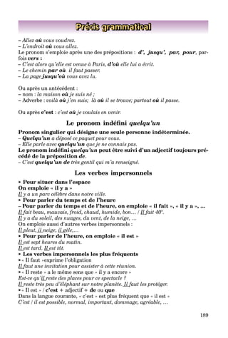 189
Précis grammatical
– Allez où vous voudrez.
– L’endroit où vous allez.
Le pronom s’emploie après une des prépositions : d’, jusqu’, par, pour, par-
fois vers :
– C’est alors qu’elle est venue à Paris, d’où elle lui a écrit.
– Le chemin par où il faut passer.
– La page jusqu’où vous avez lu.
Ou après un antécédent :
– nom : la maison où je suis né ;
– Adverbe : voilà où j’en suis; là où il se trouve; partout où il passe.
Ou après c’est : c’est où je voulais en venir.
Le pronom indéﬁni quelqu’un
Pronom singulier qui désigne une seule personne indéterminée.
– Quelqu’un a déposé ce paquet pour vous.
– Elle parle avec quelqu’un que je ne connais pas.
Le pronom indéﬁni quelqu’un peut être suivi d’un adjectif toujours pré-
cédé de la préposition de.
– C’est quelqu’un de très gentil qui m’a renseigné.
Les verbes impersonnels
► Pour situer dans l’espace
On emploie « il y a »
Il y a un parc célèbre dans notre ville.
► Pour parler du temps et de l’heure
– Pour parler du temps et de l’heure, on emploie « il fait », « il y a », …
Il fait beau, mauvais, froid, chaud, humide, bon… /f Il fait 40°.f
Il y a du soleil, des nuages, du vent, de la neige, …
On emploie aussi d’autres verbes impersonnels :
Il pleut,p il neige, il gèle,…g
► Pour parler de l’heure, on emploie « il est »
Il est sept heures du matin.
Il est tard. Il est tôt.
► Les verbes impersonnels les plus fréquents
►« Il faut »exprime l’obligation
Il faut une invitation pour assister à cette réunion.f
►« Il reste » a le même sens que « il y a encore »
Est-ce qu’il reste des places pour ce spectacle ?
Il reste très peu d’éléphant sur notre planète. Il faut les protéger.f
►« Il est » / c’est + adjectif + de ou que
Dans la langue courante, « c’est » est plus fréquent que « il est »
C’est / il est possible, normal, important, dommage, agréable, …
 