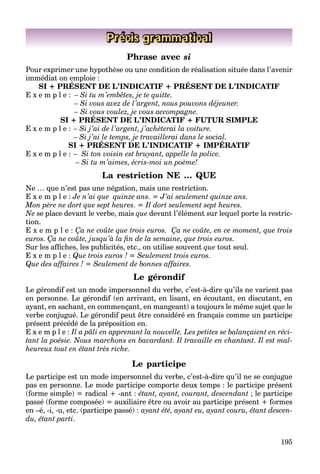 195
Précis grammatical
Phrase avec si
Pour exprimer une hypothèse ou une condition de réalisation située dans l’avenir
immédiat on emploie :
SI + PRÉSENT DE L’INDICATIF + PRÉSENT DE L’INDICATIF
p
E x e m p l e : – Si tu m’embêtes, je te quitte.
– Si vous avez de l’argent, nous pouvons déjeuner.
– Si vous voulez, je vous accompagne.
SI + PRÉSENT DE L’INDICATIF + FUTUR SIMPLE
, j p g
E x e m p l e : – Si j’ai de l’argent, j’achèterai la voiture.
– Si j’ai le temps, je travaillerai dans le social.
SI + PRÉSENT DE L’INDICATIF + IMPÉRATIF
j p , jp j
E x e m p l e : – Si ton voisin est bruyant, appelle la police.
– Si tu m’aimes, écris-moi un poème!
La restriction NE … QUE
Ne … que n’est pas une négation, mais une restriction.
E x e m p l e : Je n’ai que quinze ans. = J’ai seulement quinze ans.
Mon père ne dort que sept heures. = Il dort seulement sept heures.
Ne se place devant le verbe, mais que devant l’élément sur lequel porte la restric-
tion.
E x e m p l e : Ça ne coûte que trois euros. Ça ne coûte, en ce moment, que trois
euros. Ça ne coûte, jusqu’à la ﬁn de la semaine, que trois euros.
Sur les afﬁches, les publicités, etc., on utilise souvent que tout seul.
E x e m p l e : Que trois euros ! = Seulement trois euros.
Que des affaires ! = Seulement de bonnes affaires.
Le gérondif
Le gérondif est un mode impersonnel du verbe, c’est-à-dire qu’ils ne varient pas
en personne. Le gérondif (en arrivant, en lisant, en écoutant, en discutant, en
ayant, en sachant, en commençant, en mangeant) a toujours le même sujet que le
verbe conjugué. Le gérondif peut être considéré en français comme un participe
présent précédé de la préposition en.
E x e m p l e : Il a pâli en apprenant la nouvelle. Les petites se balançaient en réci-
tant la poésie. Nous marchons en bavardant. Il travaille en chantant. Il est mal-
heureux tout en étant très riche.
Le participe
Le participe est un mode impersonnel du verbe, c’est-à-dire qu’il ne se conjugue
pas en personne. Le mode participe comporte deux temps : le participe présent
(forme simple) = radical + -ant : étant, ayant, courant, descendant ; le participe
passé (forme composée) = auxiliaire être ou avoir au participe présent + formes
en –é, -i, -u, etc. (participe passé) : ayant été, ayant eu, ayant couru, étant descen-
du, étant parti.
 