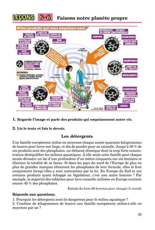 35
LEÇONS Faisons notre planète propre5–6
1. Regarde l’image et parle des produits qui empoisonnent notre vie.
2. Lis le texte et fais le devoir.
Les détergents
Une famille européenne utilise en moyenne chaque année quarante kilogrammes
de lessive pour laver son linge, et dix de poudre pour sa vaisselle. Jusqu’à 30 % de
ces produits sont des phosphates, un élément chimique dont la trop forte concen-
tration déséquilibre les milieux aquatiques. À elle seule cette famille peut chaque
p p p , q p
année dévaster un lac d’une profondeur d’un mètre cinquante sur six hectares et
éliminer la totalité de sa faune. Si dans les pays du nord de l’Europe de plus en
plus de grandes marques éliminent les phosphates de leur formule, elles le font
uniquement lorsqu’elles y sont contraintes par la loi. En Europe du Sud et sur
certains produits ayant échappé au législateur, c’est une autre histoire ! Par
exemple, la majorité des tablettes pour lave-vaisselle utilisées en Europe contient
encore 45 % des phosphates.
Extrait du livre 80 hommes pour changer le monde
Réponds aux questions.
1. Pourquoi les détergents sont-ils dangereux pour le milieu aquatique ?
2. Combien de kilogrammes de lessive une famille européenne utilise-t-elle en
moyenne par an ?
 
