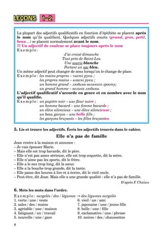 8
LEÇONS 1–2
La plupart des adjectifs qualiﬁcatifs en fonction d’épithète se placent après
le nom qu’ils qualiﬁent. Quelques adjectifs courts (grand, gros, petit,
beau…) se placent normalement avant le nom.
!!! Un adjectif de couleur se place toujours après le nom
E x e m p l e :
J’ai croisé dimanche
Tout près de Saint-Leu
Une souris blanche
Portant un sac bleu.
Un même adjectif peut changer de sens lorsqu’on le change de place.
E x e m p l e : les mains propres – чисті руки ;
les propres mains – власні руки ;
un homme grand – людина великого зросту;
un grand homme – велика людина.
L’adjectif qualiﬁcatif s’accorde en genre et en nombre avec le nom
qu’il qualiﬁe.
E x e m p l e : un pupitre noir – une ﬂeur noire ;
un homme bavard – une femme bavardde ;
un élève silencieux – une élève silencieuse ;
un beau garçon – une belle ﬁlle ;
les garçons bruyantts – les ﬁlles bruyantes.
5. Lis et trouve les adjectifs. Écris les adjectifs trouvés dans le cahier.
Elle n’a pas de famille
Jean rentre à la maison et annonce :
– Je vais épouser Marie.
– Mais elle est trop bavarde, dit le père.
– Elle n’est pas assez sérieuse, elle est trop coquette, dit la mère.
– Elle n’aime pas les sports, dit le frère.
– Elle a le nez trop long, dit la sœur.
– Elle a la bouche trop grande, dit la tante.
– Elle passe des heures à lire et à écrire, dit le vieil oncle.
– Peut-être, dit Jean. Mais elle a une grande qualité : elle n’a pas de famille.
D’après F. Chalais
6. Mets les mots dans l’ordre.
E x e m p l e : surgelés / des / légumes → des légumes surgelés
1. verte / une / veste 6. vieil / un / ami
2. sales / des / mains 7. japonaise / une / jeune ﬁlle
3. agréable / une / maison 8. belle / une / ﬁlle
4. fatiguant / un / travail 9. exclamative / une / phrase
5. nouvelle / une / gare 10. noires / des / chaussettes
 