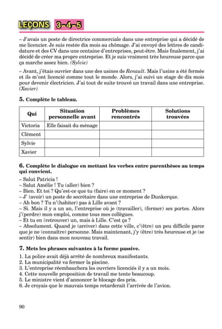 90
LEÇONS 3–4–5
– J’avais un poste de directrice commerciale dans une entreprise qui a décidé de
me licencier. Je suis restée dix mois au chômage. J’ai envoyé des lettres de candi-
dature et des CV dans une centaine d’entreprises, peut-être. Mais ﬁnalement, j’ai
décidé de créer ma propre entreprise. Et je suis vraiment très heureuse parce que
ça marche assez bien. (Sylvie)
– Avant, j’étais ouvrier dans une des usines de Renault. Mais l’usine a été fermée
et ils m’ont licencié comme tout le monde. Alors, j’ai suivi un stage de dix mois
pour devenir électricien. J’ai tout de suite trouvé un travail dans une entreprise.
(Xavier)
5. Complète le tableau.
Qui
Situation
personnelle avant
Problèmes
rencontrés
Solutions
trouvées
Victoria Elle faisait du ménage
Clément
Sylvie
Xavier
6. Complète le dialogue en mettant les verbes entre parenthèses au temps
qui convient.
– Salut Patricia !
– Salut Amélie ! Tu (aller) bien ?
– Bien. Et toi ? Qu’est-ce que tu (faire) en ce moment ?
– J’ (avoir) un poste de secrétaire dans une entreprise de Dunkerque.
– Ah bon ? Tu n’(habiter) pas à Lille avant ?
– Si. Mais il y a un an, l’entreprise où je (travailler), (fermer) ses portes. Alors
j’(perdre) mon emploi, comme tous mes collègues.
– Et tu en (retrouver) un, mais à Lille. C’est ça ?
– Absolument. Quand je (arriver) dans cette ville, c’(être) un peu difﬁcile parce
que je ne (connaître) personne. Mais maintenant, j’y (être) très heureuse et je (se
sentir) bien dans mon nouveau travail.
7. Mets les phrases suivantes à la forme passive.
1. La police avait déjà arrêté de nombreux manifestants.
2. La municipalité va fermer la piscine.
3. L’entreprise réembauchera les ouvriers licenciés il y a un mois.
4. Cette nouvelle proposition de travail me tente beaucoup.
5. Le ministre vient d’annoncer le blocage des prix.
6. Je croyais que le mauvais temps retarderait l’arrivée de l’avion.
 