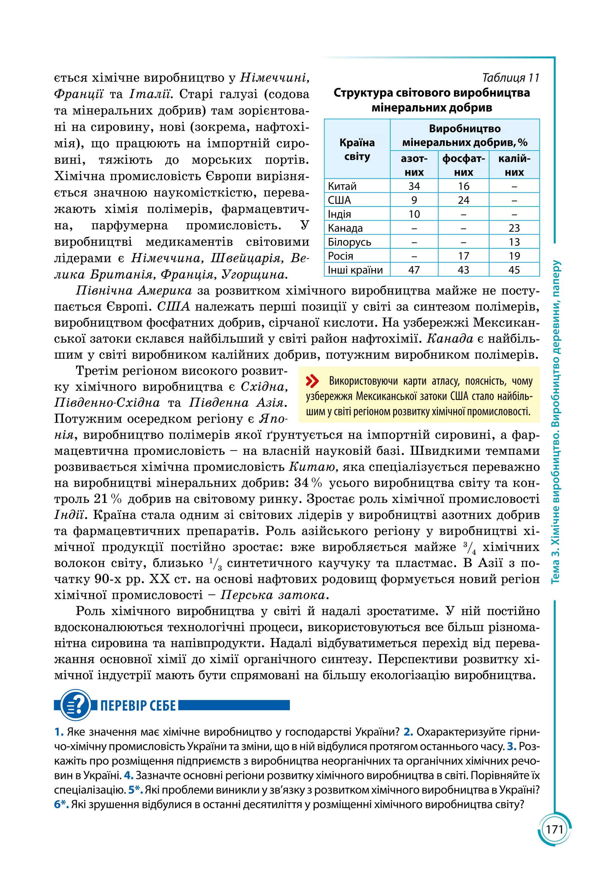 171
Тема3.Хімічневиробництво.Виробництводеревини,паперу
ється хімічне виробництво у Німеччині,
Франції та Італії. Старі галузі (содова
та мінеральних добрив) там зорієнтова­
ні на сировину, нові (зокрема, нафтохі­
мія), що працюють на імпортній сиро­
вині, тяжіють до морських портів.
Хімічна промисловість Європи вирізня­
ється значною наукомісткістю, перева­
жають хімія полімерів, фармацевтич­
на, парфумерна промисловість. У
виробництві медикаментів світовими
лідерами є Німеччина, Швейцарія, Ве-
лика Британія, Франція, Угорщина.
Північна Америка за розвитком хімічного виробництва майже не посту­
пається Європі. США належать перші позиції у світі за синтезом полімерів,
виробництвом фосфатних добрив, сірчаної кислоти. На узбережжі Мексикан­
ської затоки склався найбільший у світі район нафтохімії. Канада є найбіль­
шим у світі виробником калійних добрив, потужним виробником полімерів.
Третім регіоном високого розвит­
ку хімічного виробництва є Східна,
Південно-Східна та Південна Азія.
Потужним осередком регіону є Япо-
нія, виробництво полімерів якої ґрунтується на імпортній сировині, а фар­
мацевтична промисловість – на власній науковій базі. Швидкими темпами
розвивається хімічна промисловість Китаю, яка спеціалізується переважно
на виробництві мінеральних добрив: 34 % усього виробництва світу та кон­
троль 21 % добрив на світовому ринку. Зростає роль хімічної промисловості
Індії. Країна стала одним зі світових лідерів у виробництві азотних добрив
та фармацевтичних препаратів. Роль азійського регіону у виробництві хі­
мічної продукції постійно зростає: вже виробляється майже 3
/4
хімічних
волокон світу, близько 1
/3
синтетичного каучуку та пластмас. В Азії з по­
чатку 90-х рр. ХХ ст. на основі нафтових родовищ формується новий регіон
хімічної промисловості – Перська затока.
Роль хімічного виробництва у світі й надалі зростатиме. У ній постійно
вдосконалюються технологічні процеси, використовуються все більш різнома­
нітна сировина та напівпродукти. Надалі відбуватиметься перехід від перева­
жання основної хімії до хімії органічного синтезу. Перспективи розвитку хі­
мічної індустрії мають бути спрямовані на більшу екологізацію виробництва.
ПЕРЕВІР СЕБЕ
1. Яке значення має хімічне виробництво у господарстві України? 2. Охарактеризуйте гірни-
чо-хімічну промисловість України та зміни, що в ній відбулися протягом останнього часу. 3. Роз-
кажіть про розміщення підприємств з виробництва неорганічних та органічних хімічних речо-
вин в Україні. 4. Зазначте основні регіони розвитку хімічного виробництва в світі. Порівняйте їх
спеціалізацію. 5*.Які проблеми виникли у зв’язку з розвитком хімічного виробництва в Україні?
6*. Які зрушення відбулися в останні десятиліття у розміщенні хімічного виробництва світу?
Використовуючи карти атласу, поясність, чому
узбережжя Мексиканської затоки США стало найбіль-
шим у світі регіоном розвитку хімічної промисловості.
Таблиця 11
Структура світового виробництва
мінеральних добрив
Країна
світу
Виробництво
мінеральних добрив, %
азот-
них
фосфат-
них
калій-
них
Китай 34 16 –
США 9 24 –
Індія 10 – –
Канада – – 23
Білорусь – – 13
Росія – 17 19
Інші країни 47 43 45
 